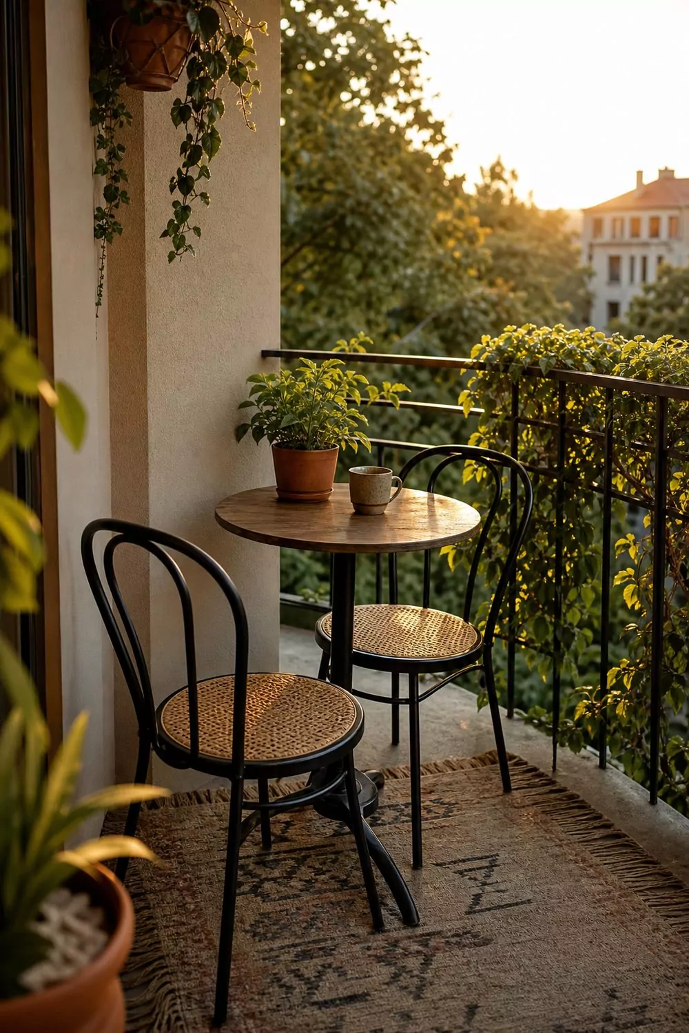 A small round bistro table and two slim cafe chairs with woven seats holding a coffee cup and plant on a compact boho balcony