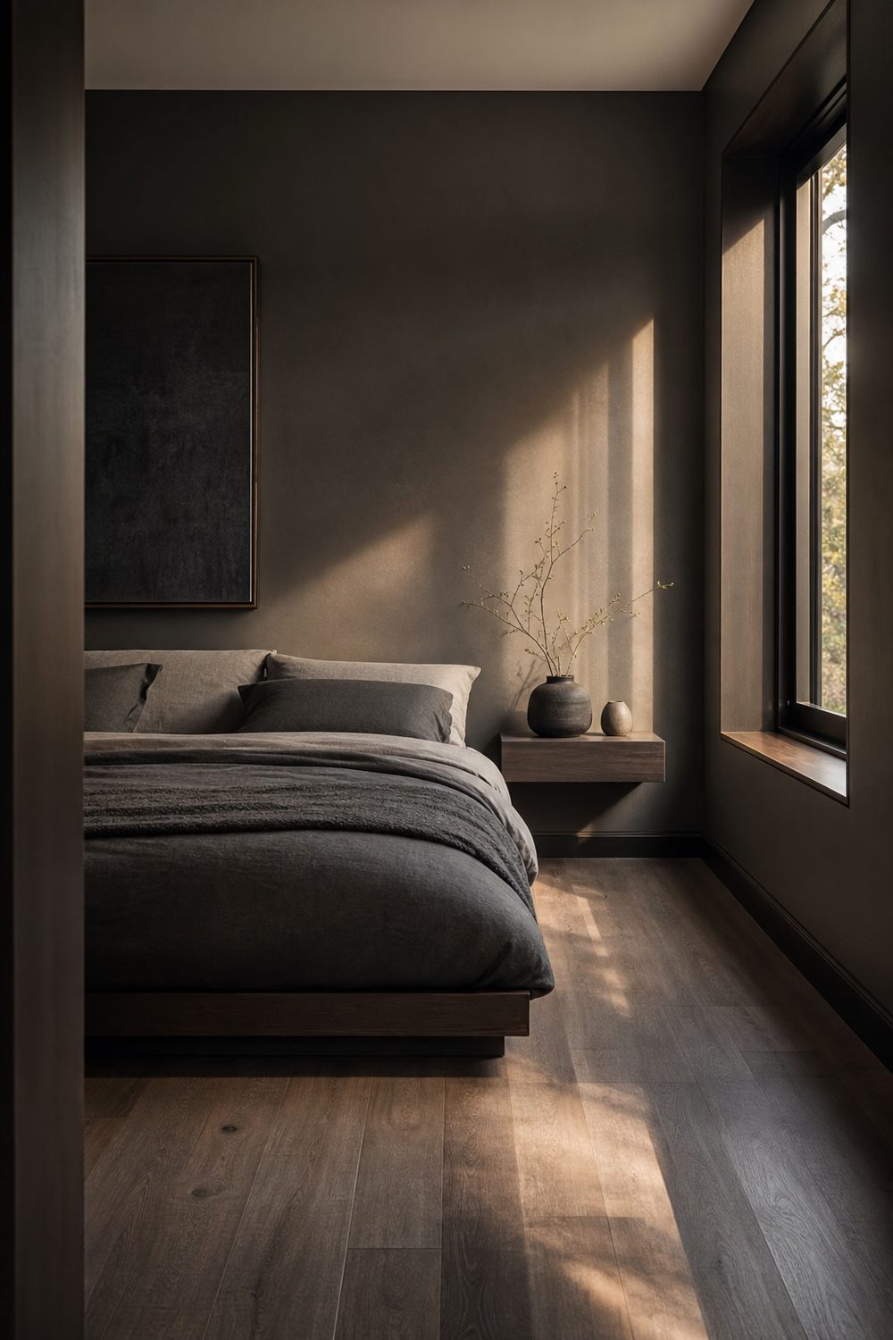 Compact black and grey bedroom with low bed, floating nightstand and medium charcoal walls, tailored small space layout