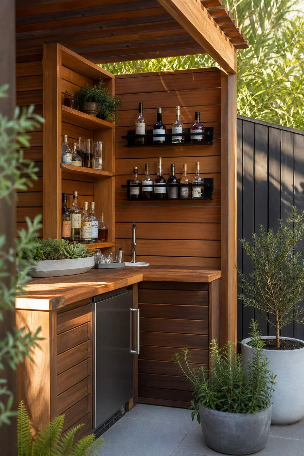 Small corner backyard cabana bar with cedar shelving, a slim wood counter, wall-mounted bottle racks, and potted greenery in a compact patio