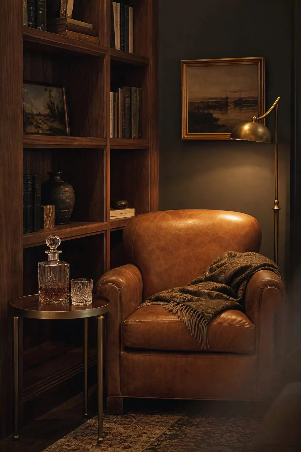 Small man cave whiskey nook with tan leather club chair, walnut bookcase, decanter on a side table and warm brass lamp light