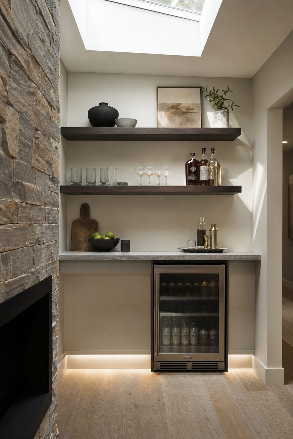 Small basement bar with wall-mounted floating shelves, a narrow counter and a slim beverage fridge below