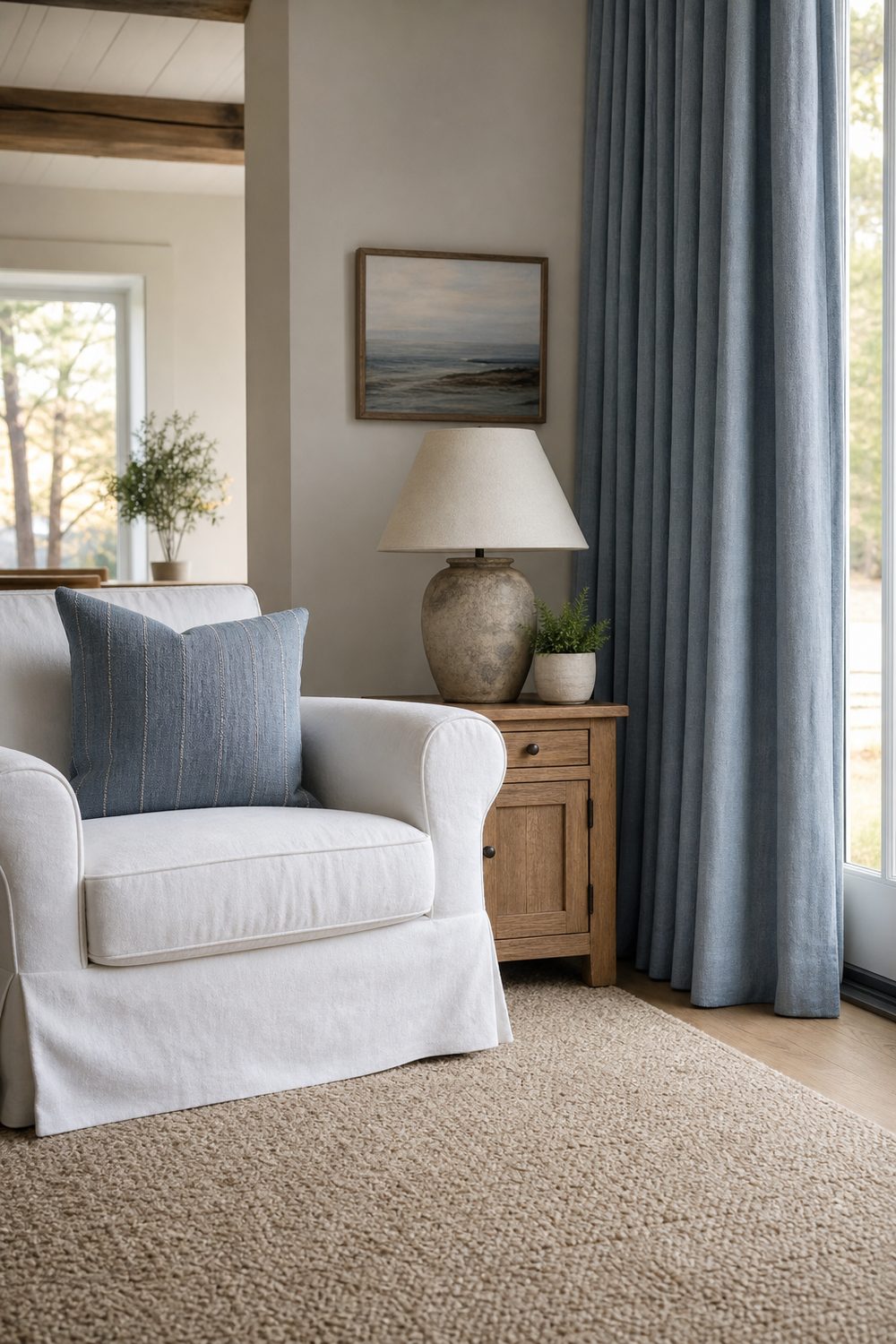Soft slate blue coastal curtain panels beside a white slipcovered armchair, sand colored rug, and wood side table with a ceramic lamp