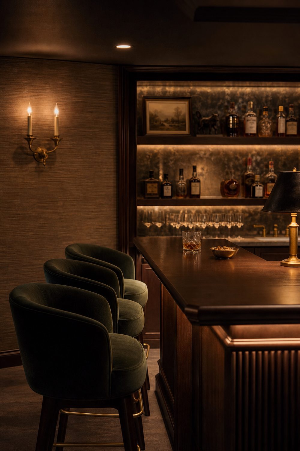 Speakeasy style dark moody basement bar with dark walnut, velvet stools, antique brass and dim lighting