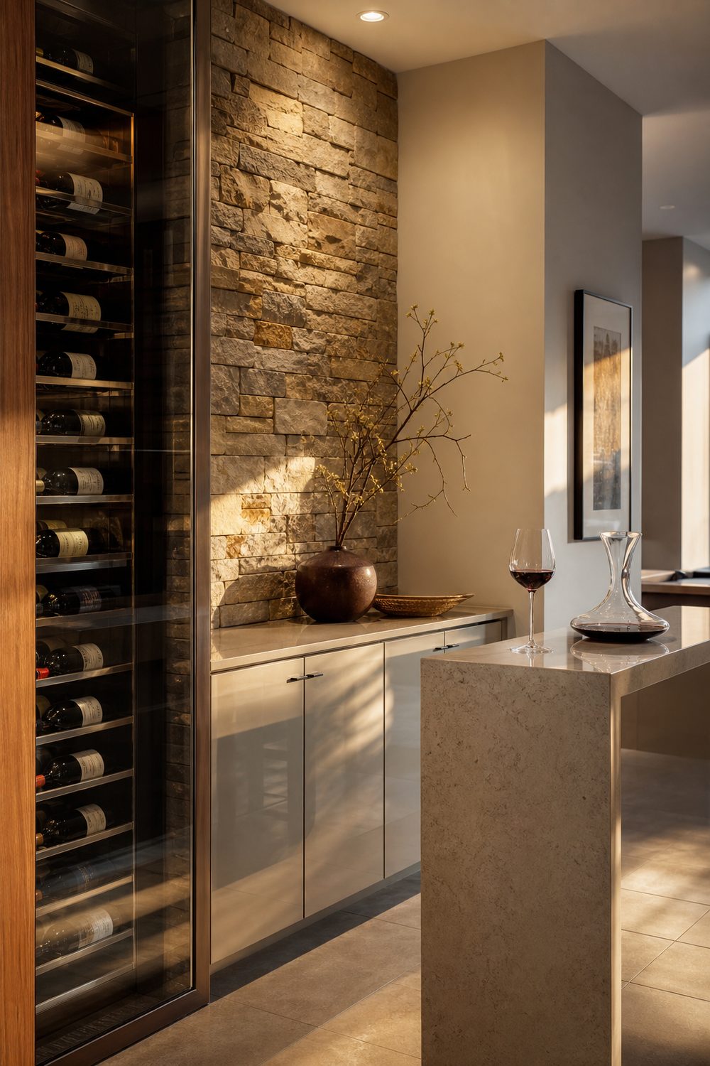 Basement wine bar with a stacked stone accent wall, glass-front wine storage and a narrow tasting counter
