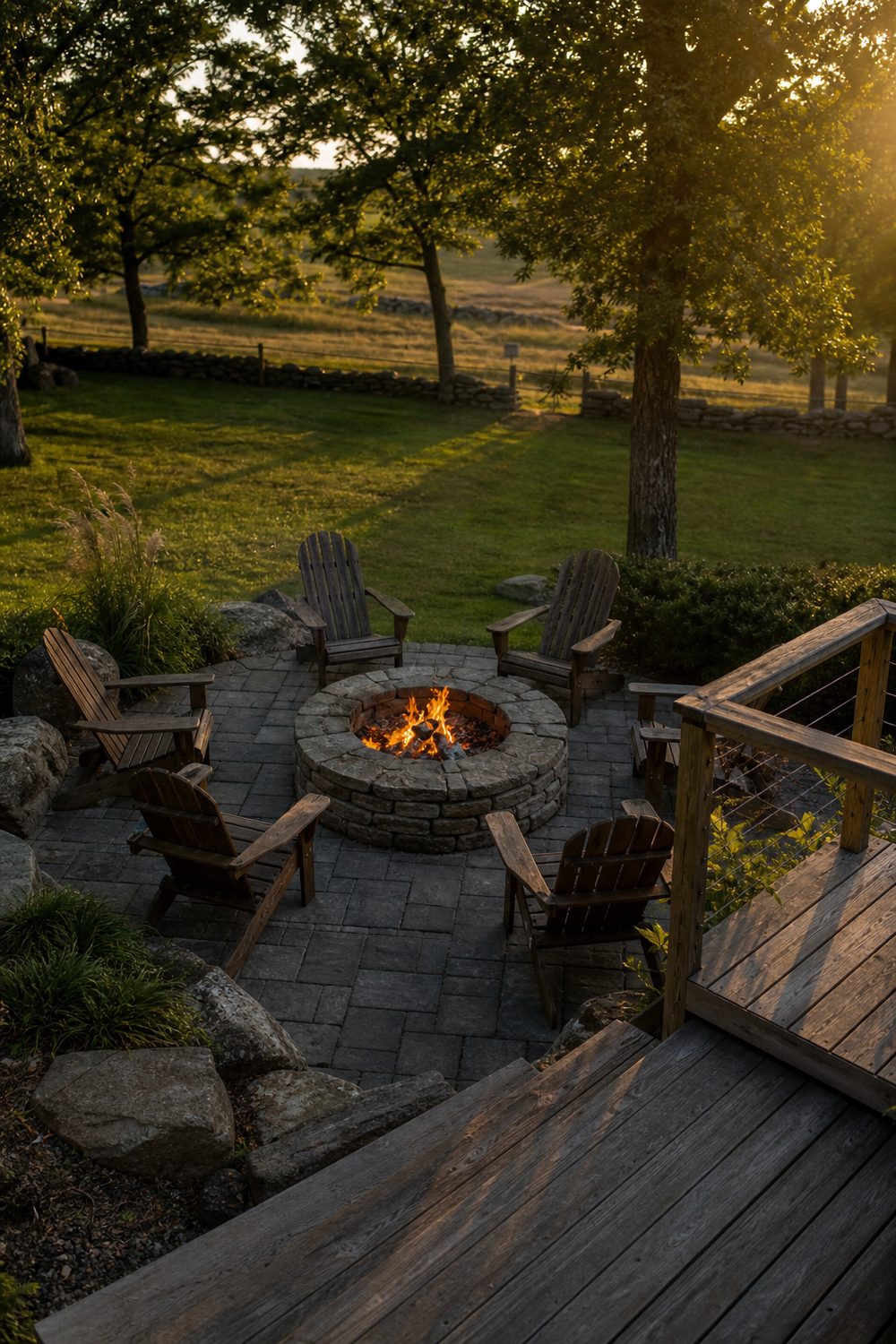 Stone surround fire pit on a paver landing just off a farmhouse deck with Adirondack chairs