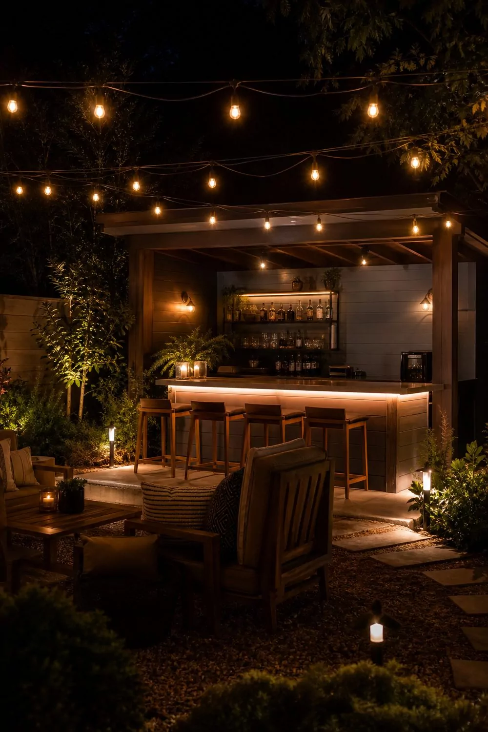 Backyard cabana bar at night lit by warm white string lights overhead, a glowing bar counter, and a softly lit lounge seating area