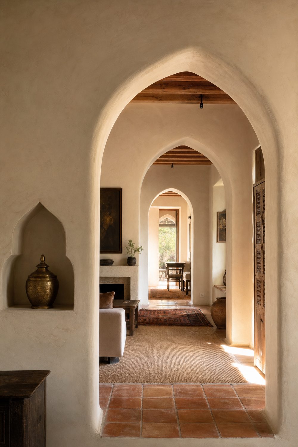 Sequence of horseshoe arched plaster doorways with a carved arched niche holding a brass vessel in an Arabian home