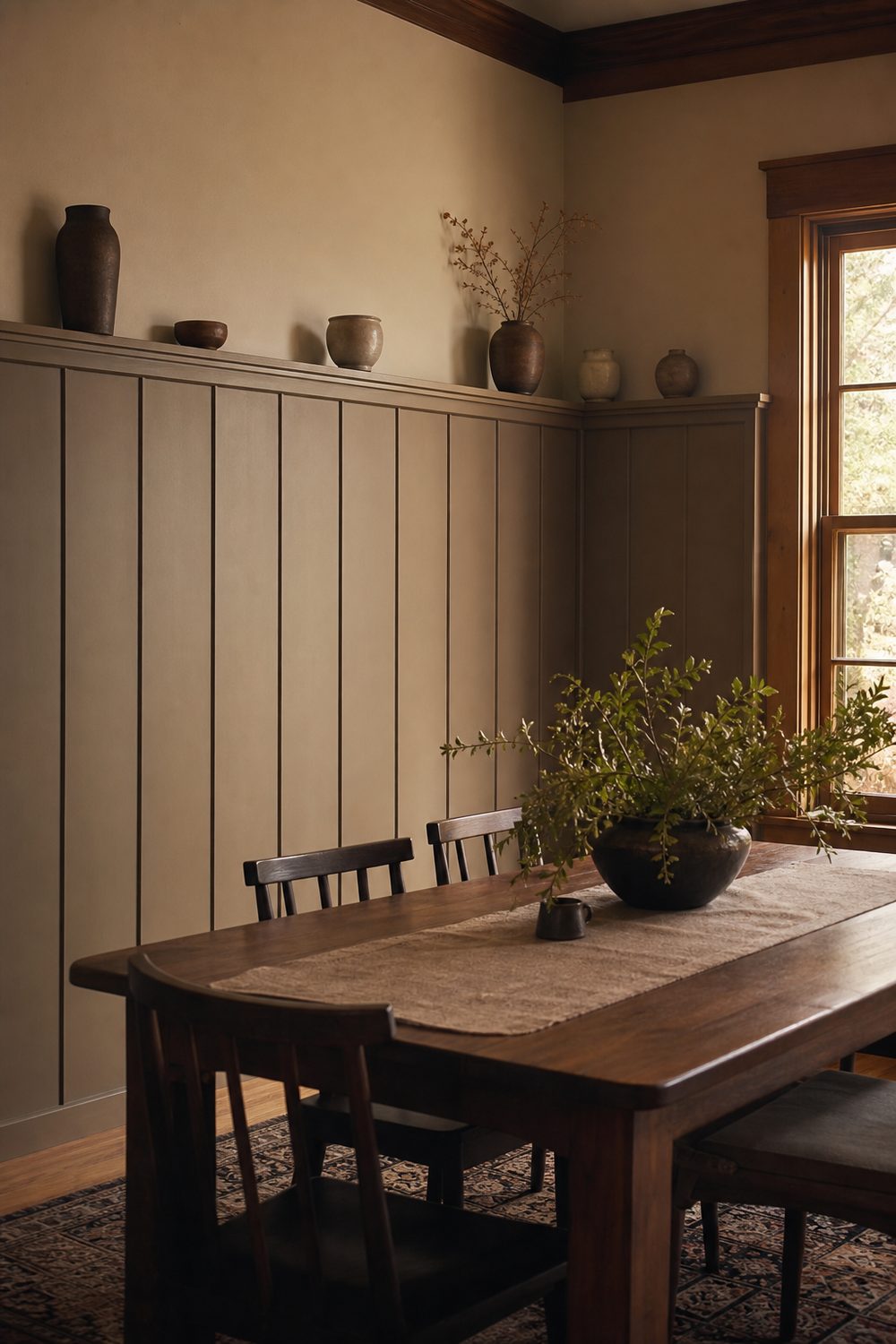 Tall Craftsman wainscoting with a plate rail in a dining room, vertical taupe paneling topped by a wood rail displaying ceramics
