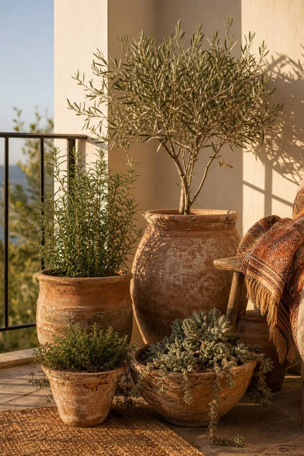 A grouping of aged terracotta pots with herbs, a small olive tree and trailing succulents on a boho balcony against a cream wall