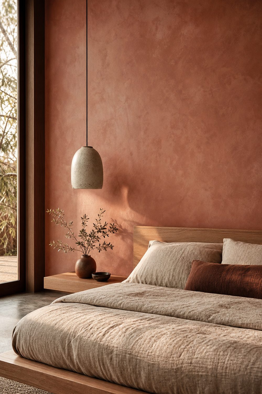 Warm terracotta limewash accent wall with cloudy mineral texture behind an oak bed, linen duvet, golden hour light