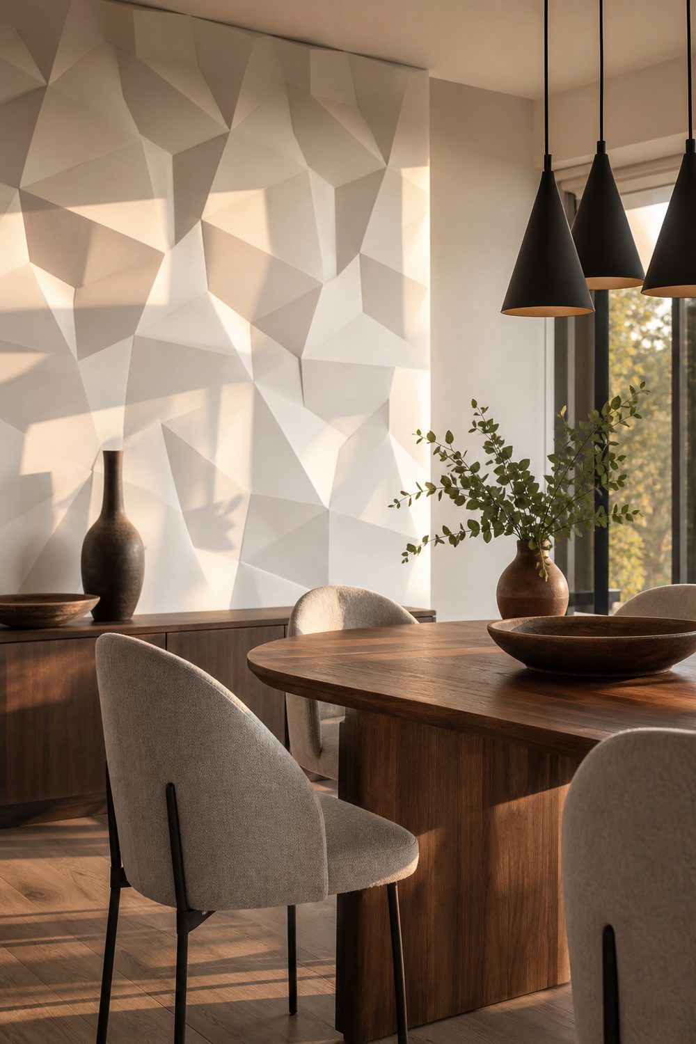 White three-dimensional sculptural panel accent wall in a dining area, raised relief shadows, walnut table, warm light