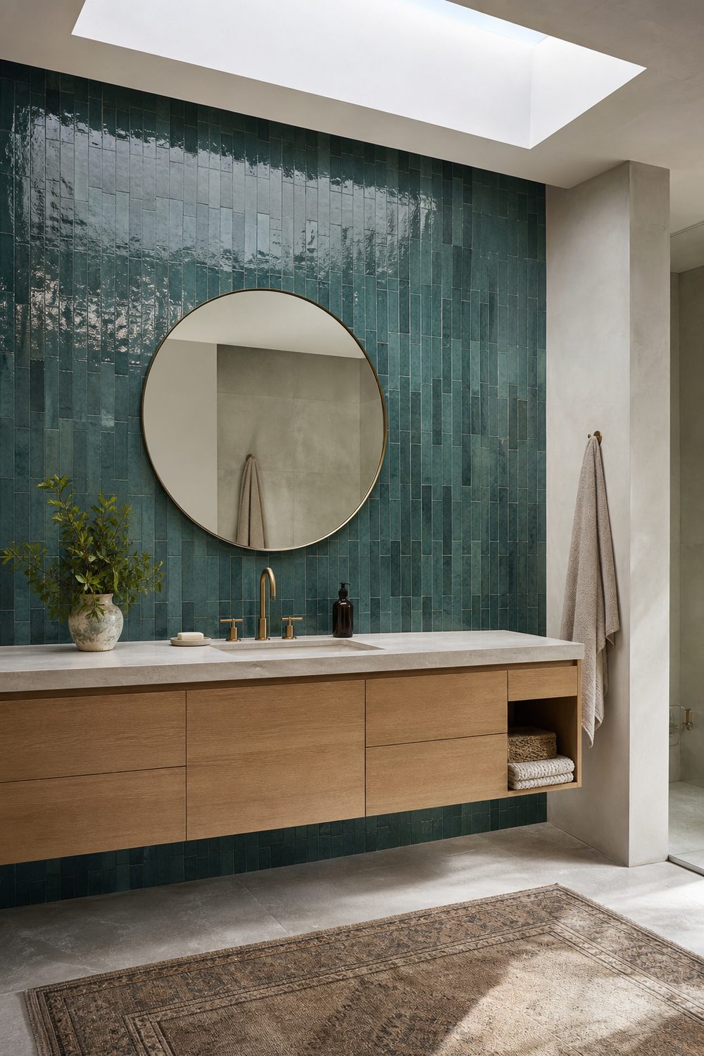 Deep teal zellige tiled accent wall behind a floating oak bathroom vanity, brass faucet, round mirror, bright even light