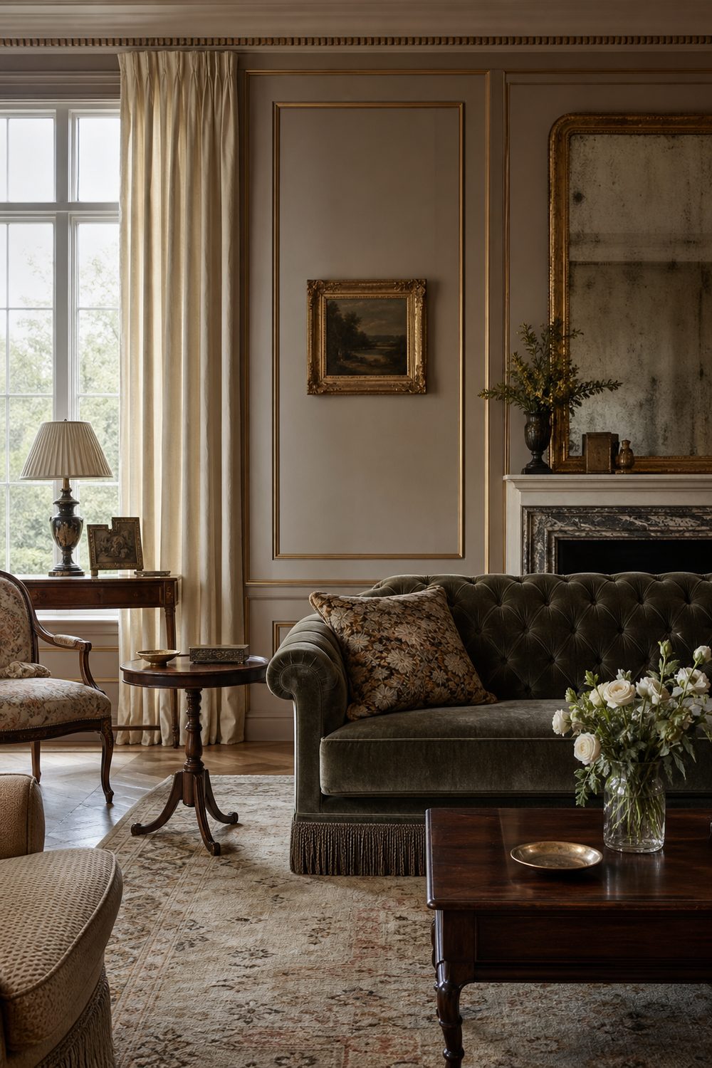 Traditional style living room with walnut antiques and tufted velvet, editorial interior photography