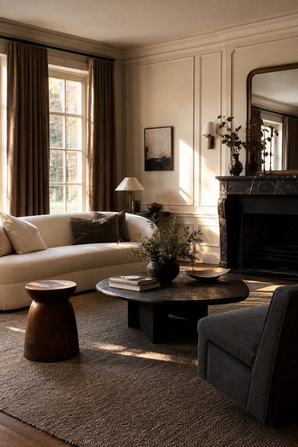 Transitional style living room with ivory upholstery and taupe wool rug, editorial interior photography