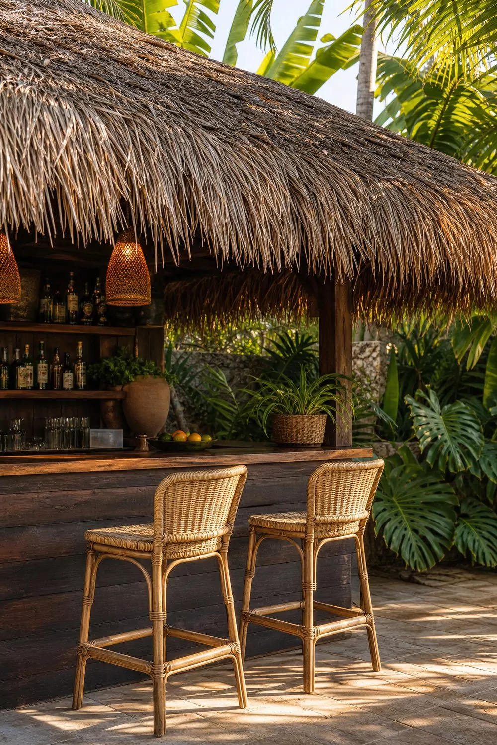 Tropical backyard cabana bar with a thatched palm roof, dark wood bar front, woven rattan stools, and lush green foliage in warm afternoon light