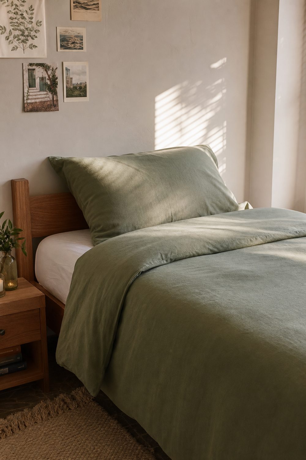 Twin XL dorm bedding set with white percale sheets and a sage green duvet on a light oak bed