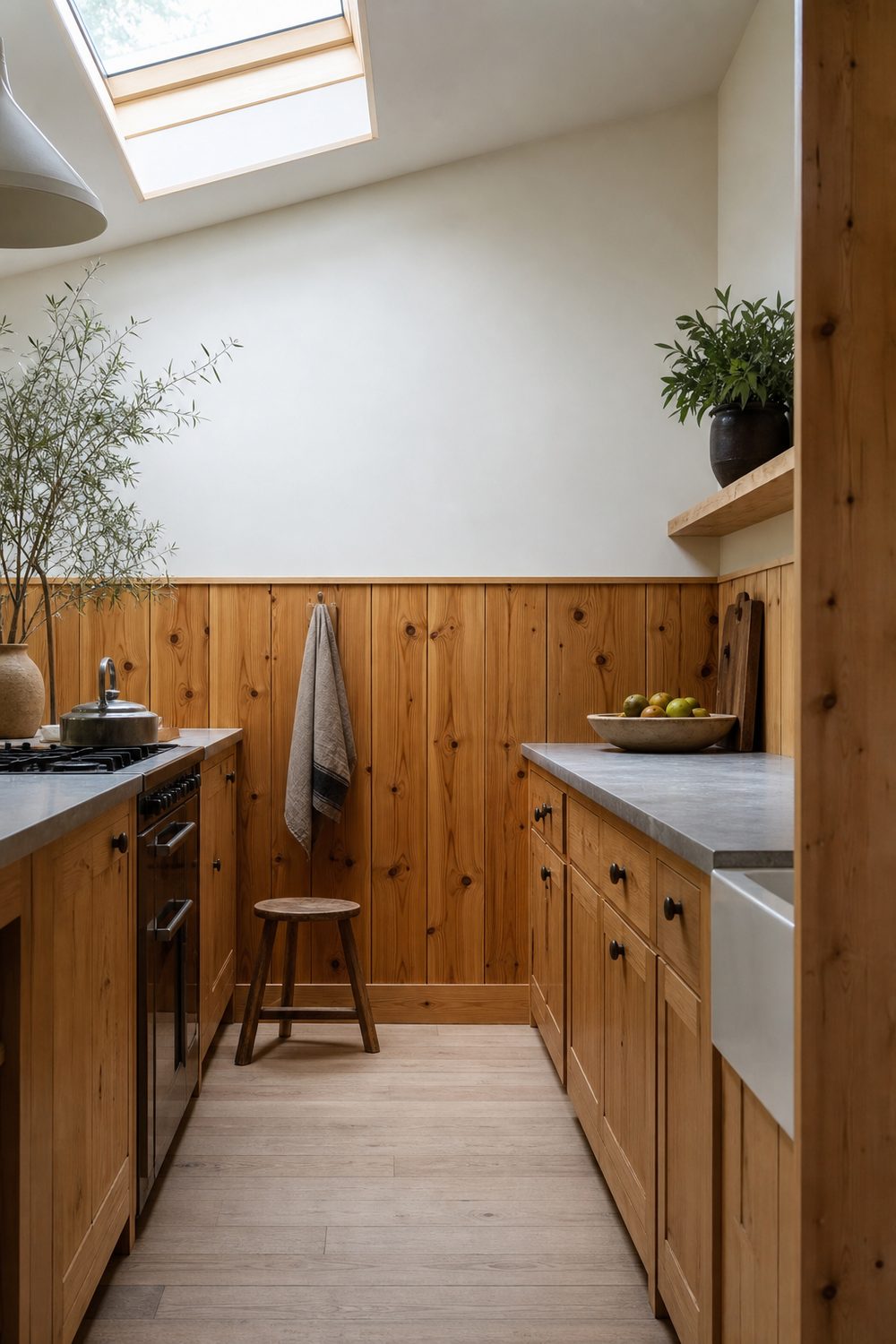 Two tone kitchen with soft white upper walls and knotty pine lower paneling and cabinets in bright light