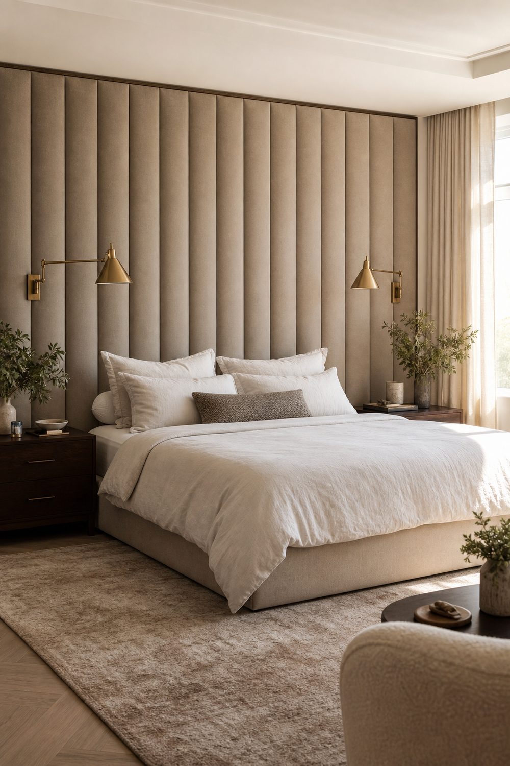 Full-width channel-tufted upholstered headboard accent wall in warm taupe behind a bed, brass sconces, walnut nightstands, soft light