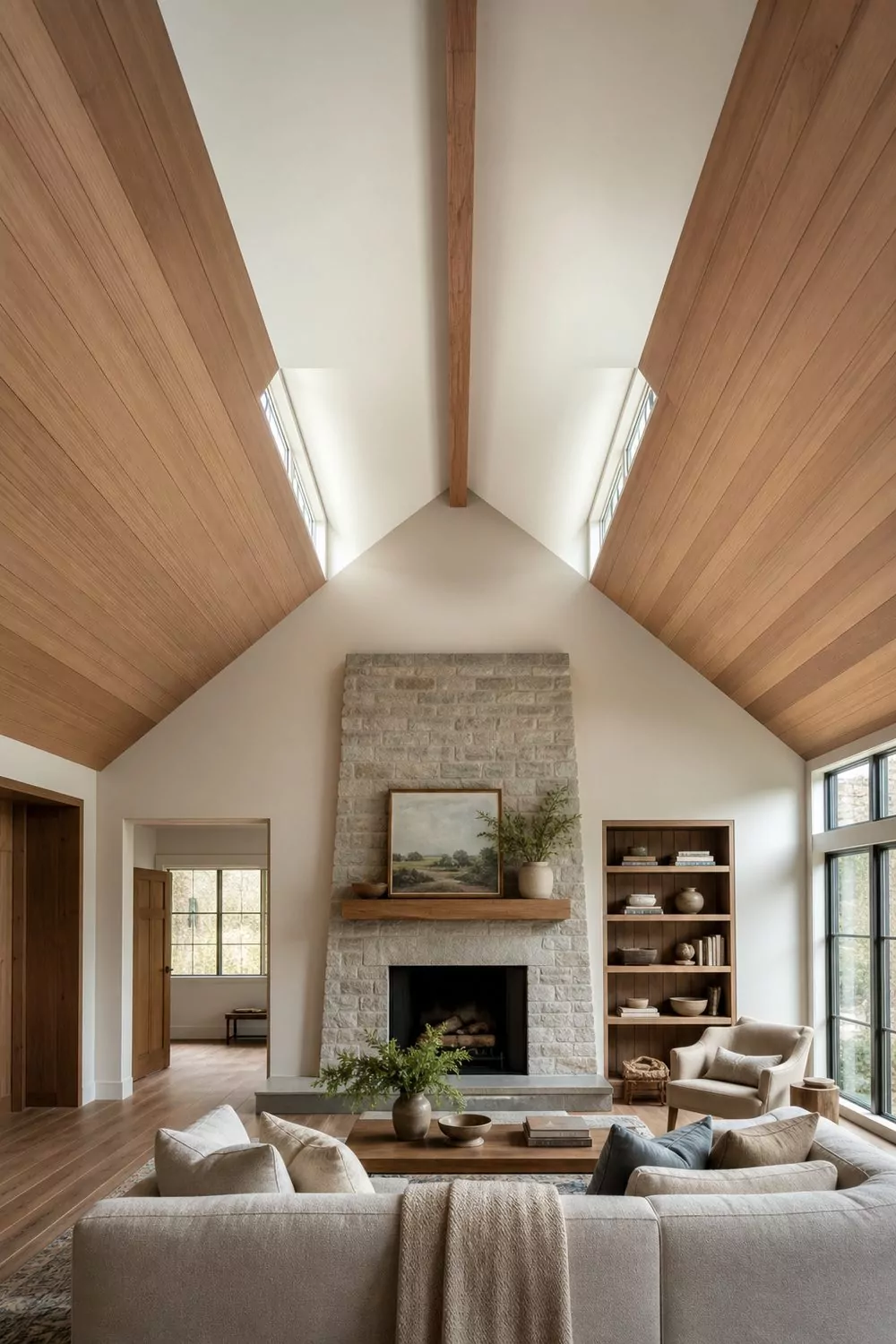 Vaulted living room ceiling with wide cedar planks on lower slopes and painted upper field, exposed beam, bright midday light