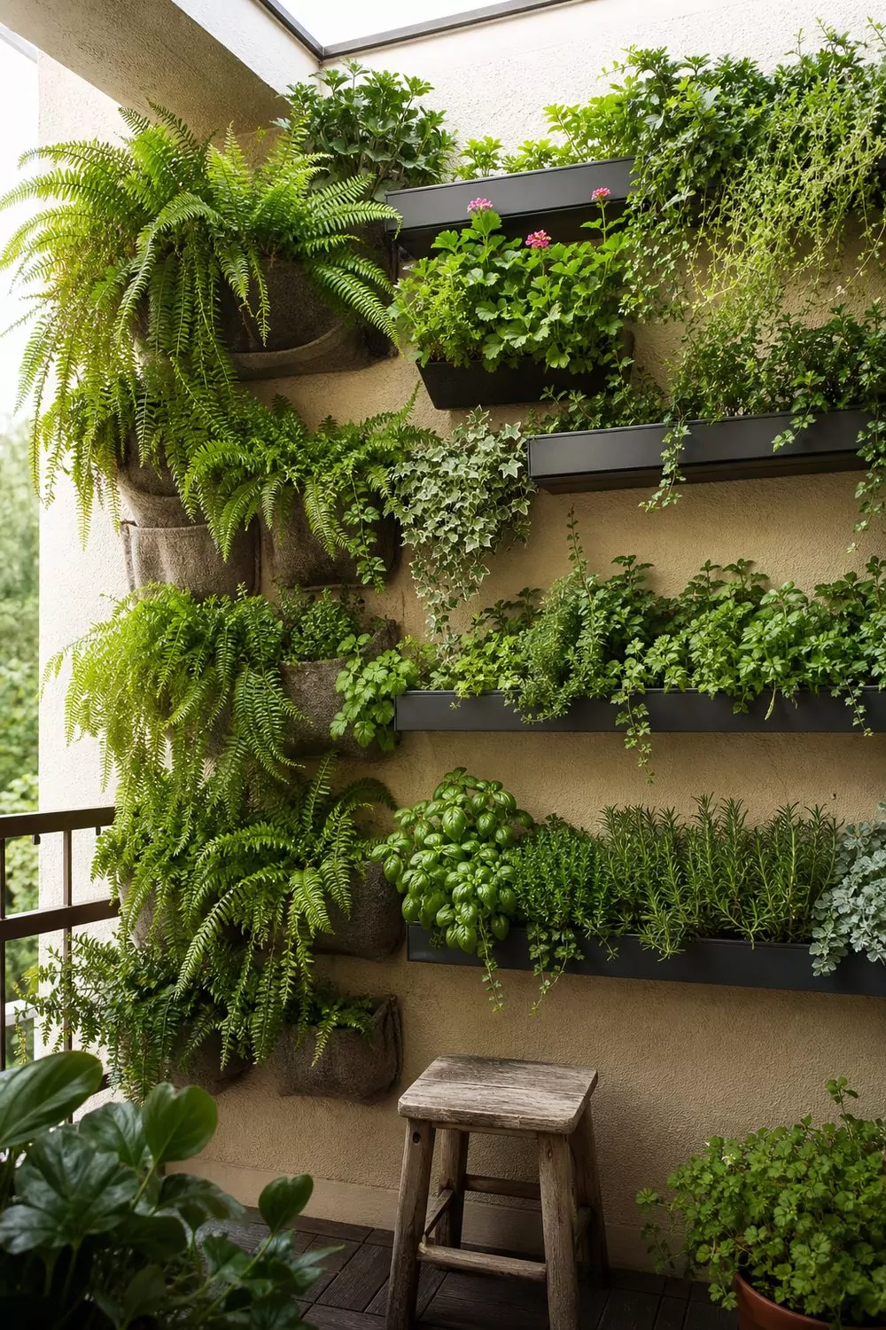 Wall-mounted vertical garden living wall on a boho balcony with ferns, ivy, trailing geraniums and herbs in pocket planters