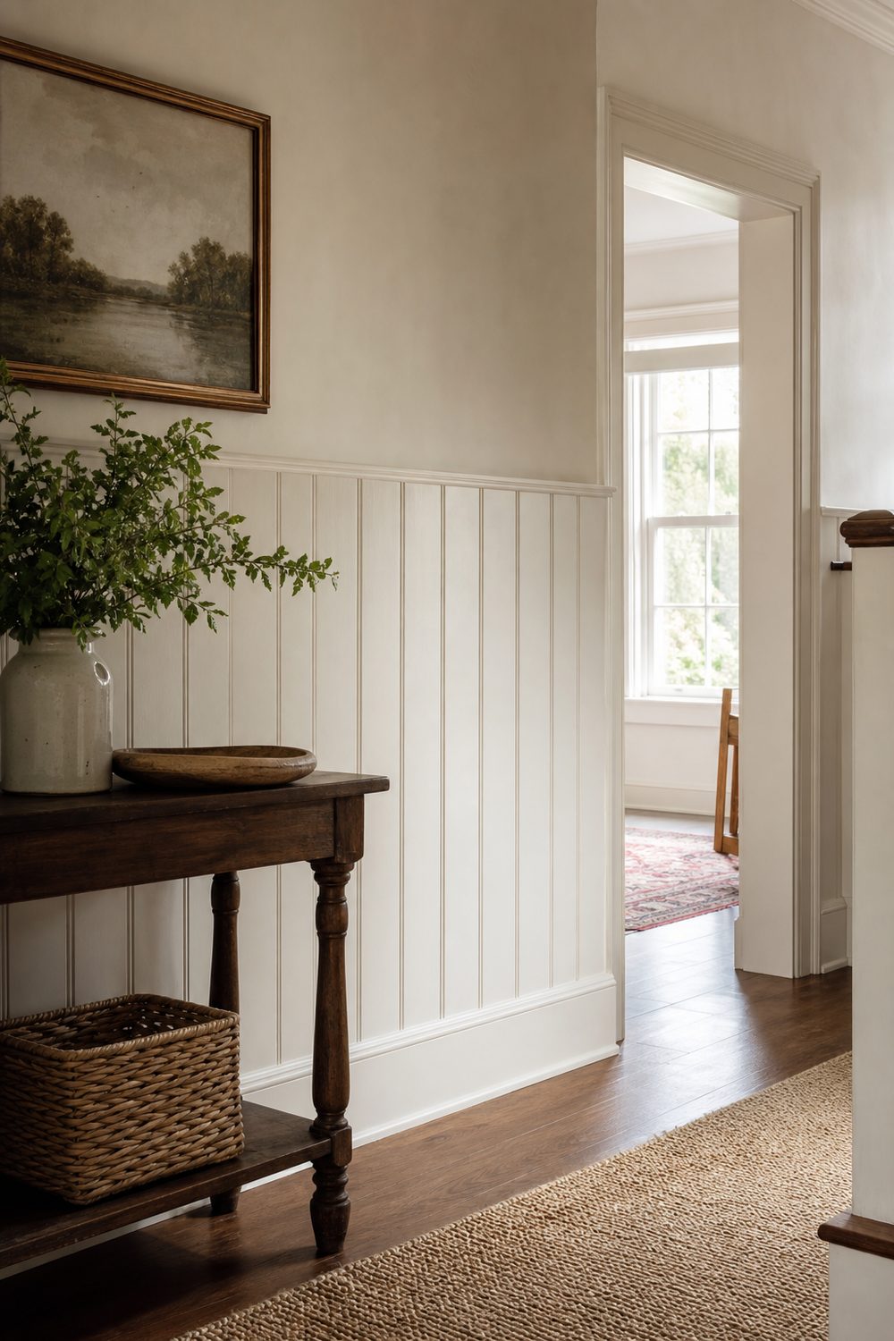 Vertical V-groove plank Craftsman wainscoting in warm white along a cottage hallway with subtle grooves and a slim cap rail
