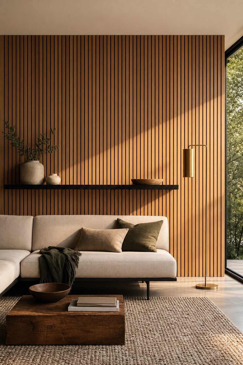 Vertical white oak slat accent wall in a modern living room behind a low sofa, warm honey wood tone, brass floor lamp, woven wool rug, soft afternoon light