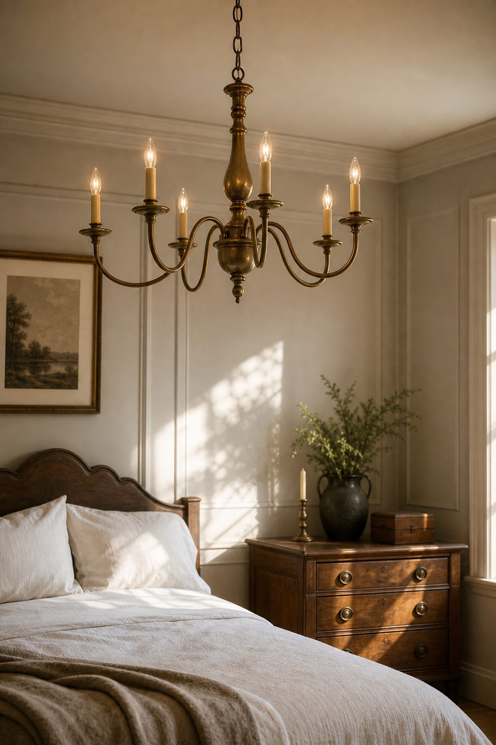 Aged brass candle-style chandelier with slim arms in a traditional bedroom with paneled trim and simple bedding