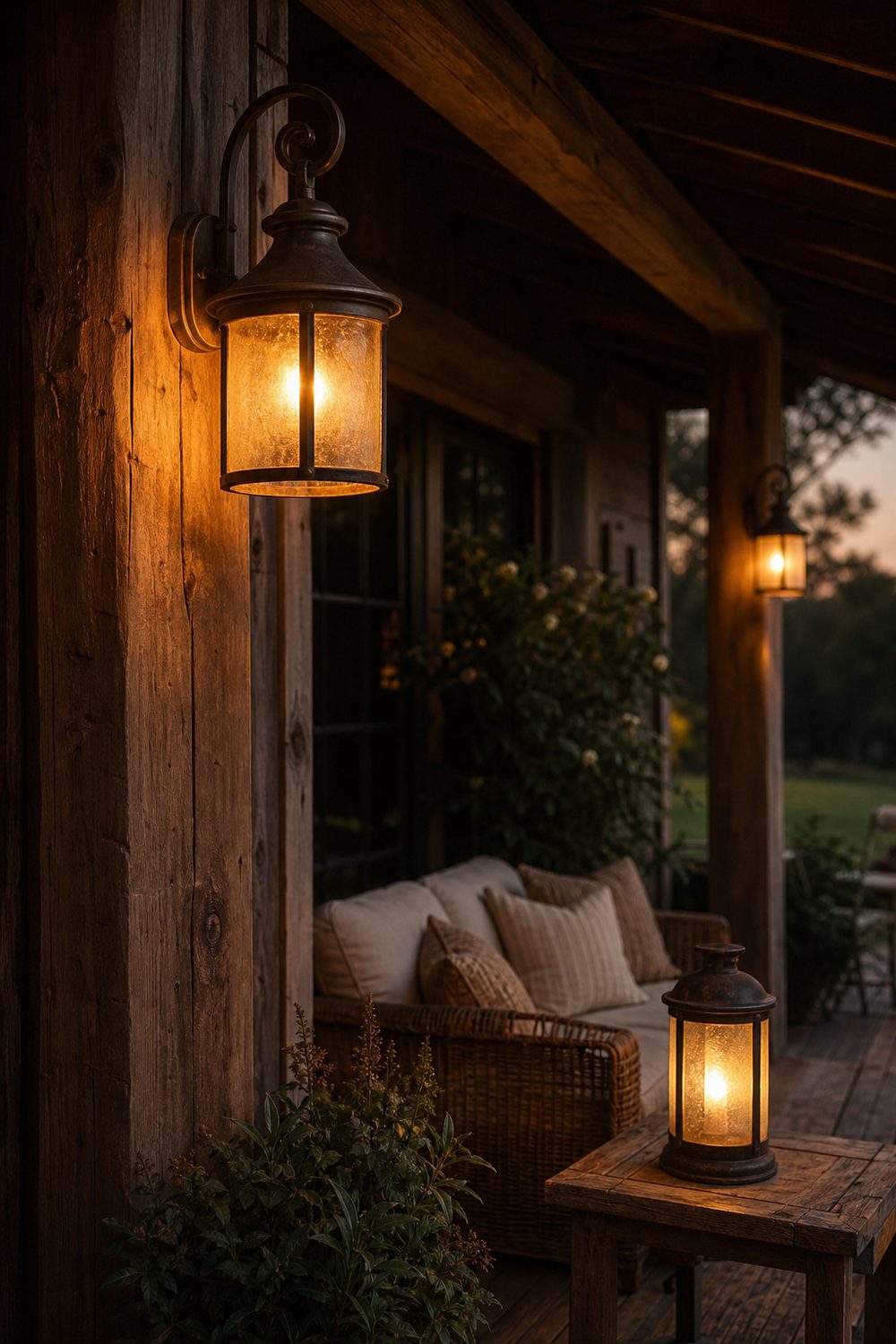 Farmhouse deck at dusk lit by warm vintage lantern-style sconces on the posts