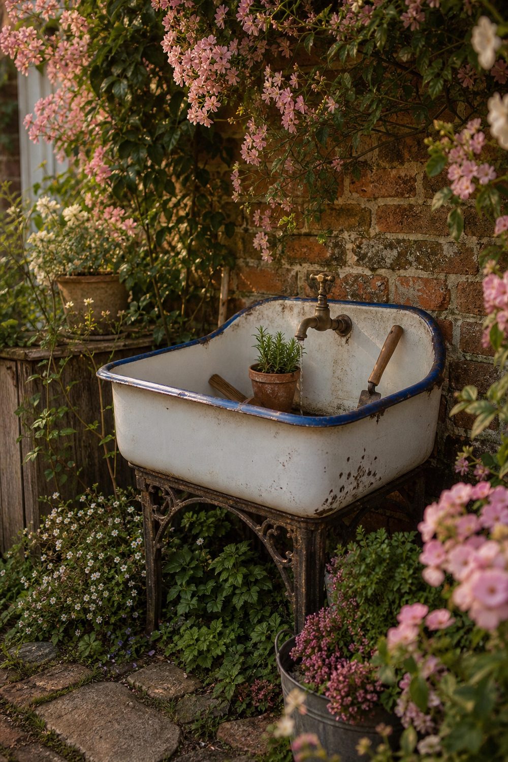 Vintage chipped white enamel basin with a blue rim repurposed as a garden sink on a cast-iron stand against weathered brick