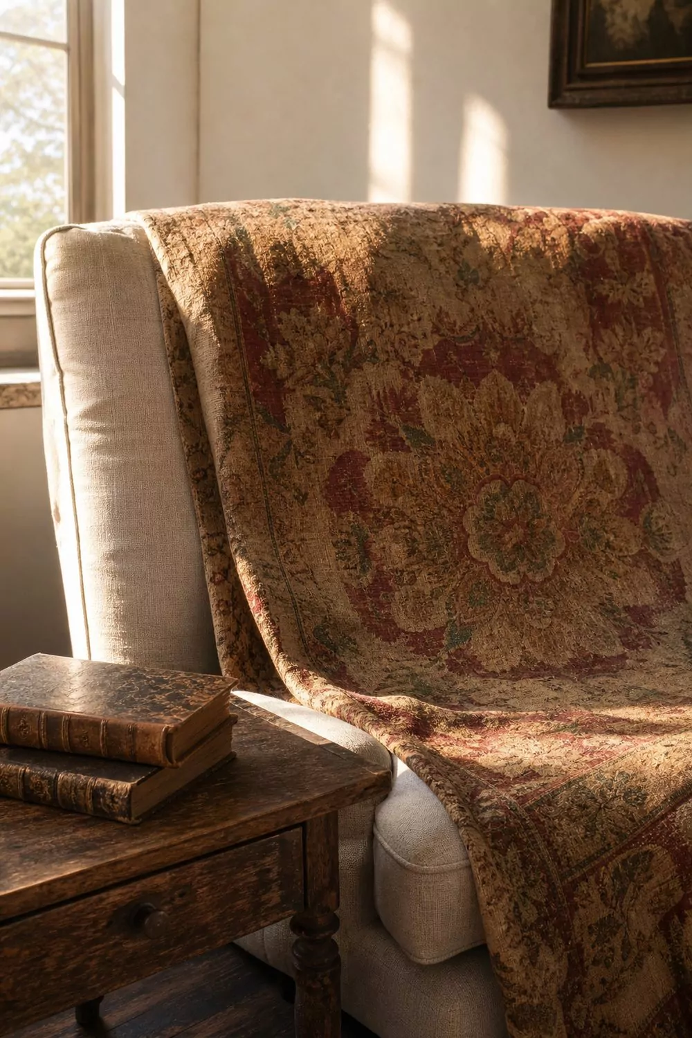 Vintage tapestry with faded floral medallion draped over a sofa back beside an antique oak table with old books
