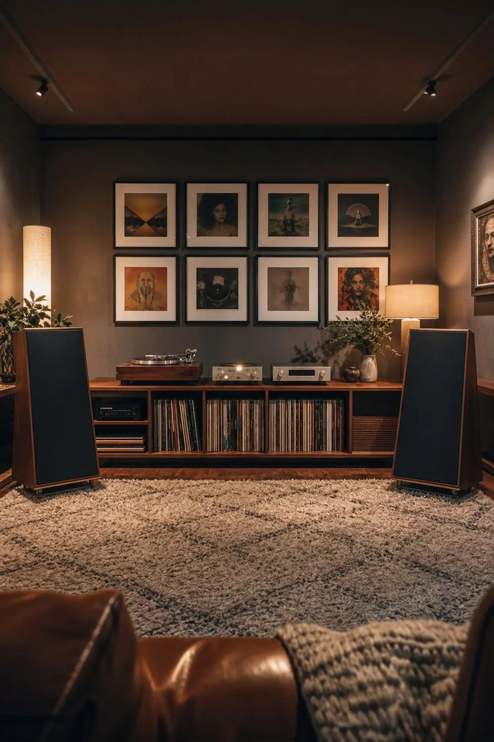 Vinyl and hi-fi listening man cave with low record storage, turntable console, framed album art and floor speakers in warm ambient light