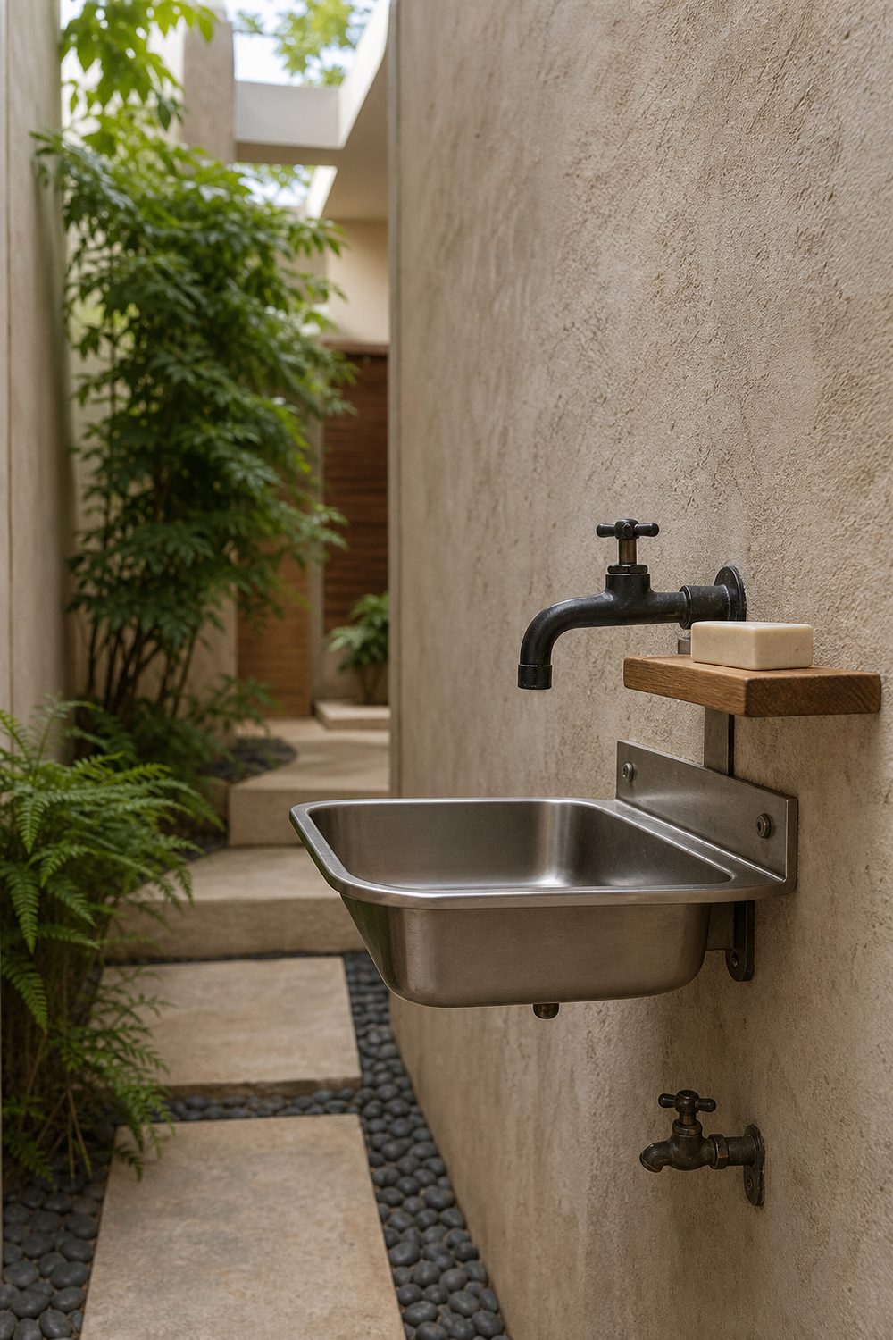 Compact wall mounted stainless outdoor sink on a textured plaster wall in a narrow side yard near a hose bib