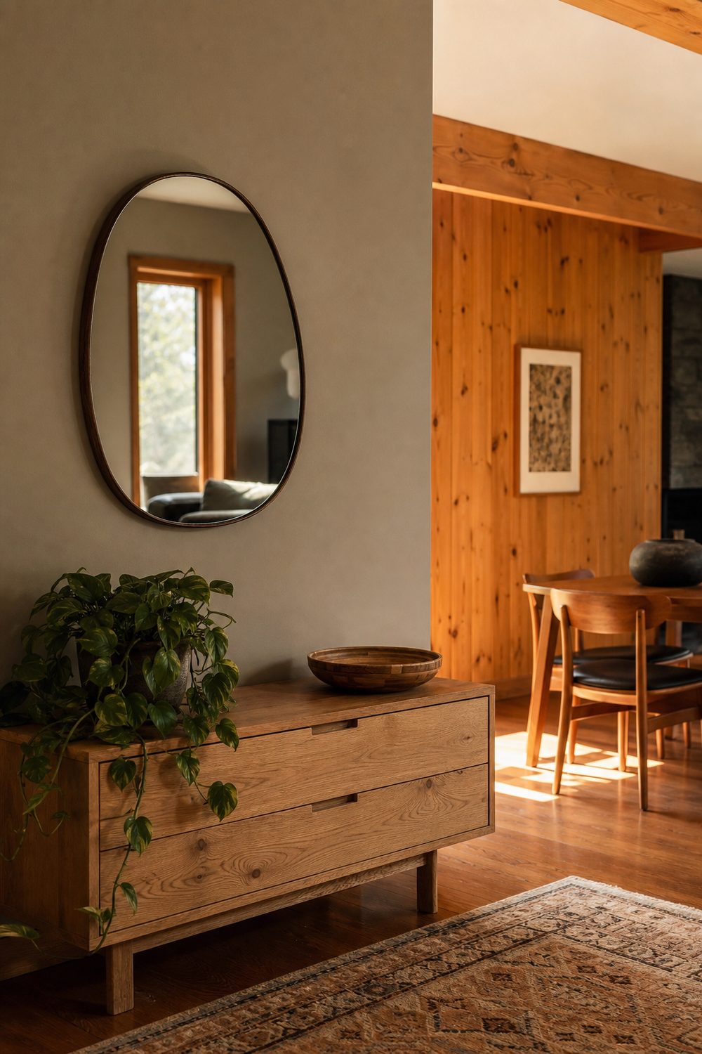 Warm greige walls next to knotty pine paneling with an oak console, round mirror, and pothos plant