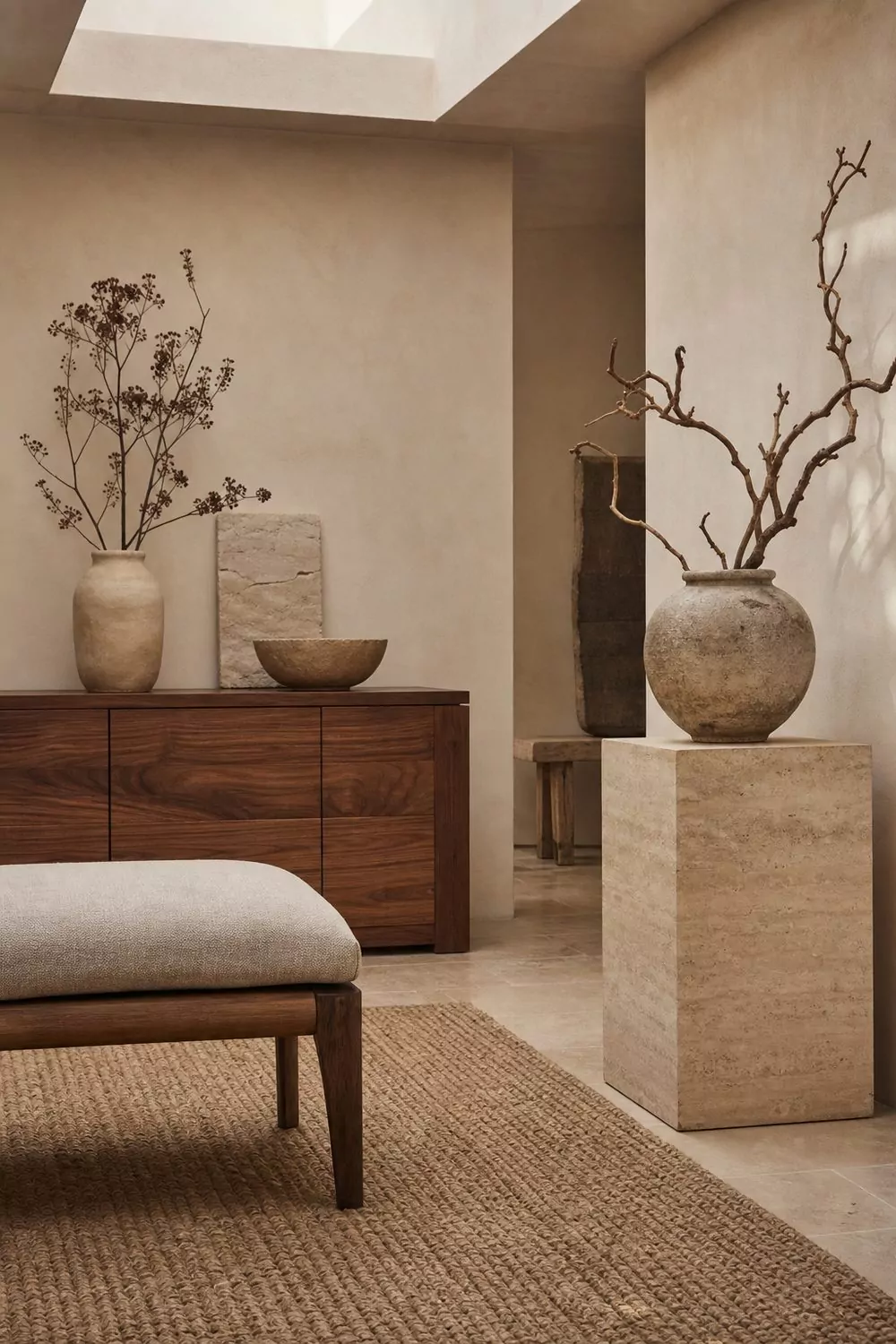 Showroom corner layering walnut wood, woven jute, raw linen upholstery and travertine stone in a warm neutral natural material palette