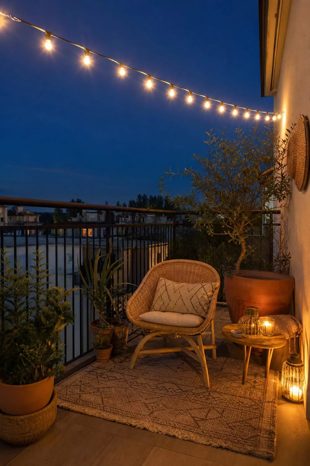 A single clean run of warm white string lights glowing overhead at dusk on a boho balcony above a rattan chair and rug