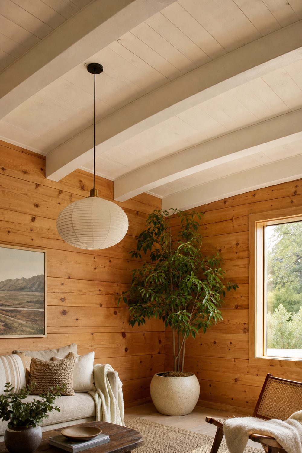 Warm white painted plank ceiling above natural knotty pine walls with white beams and a pendant light