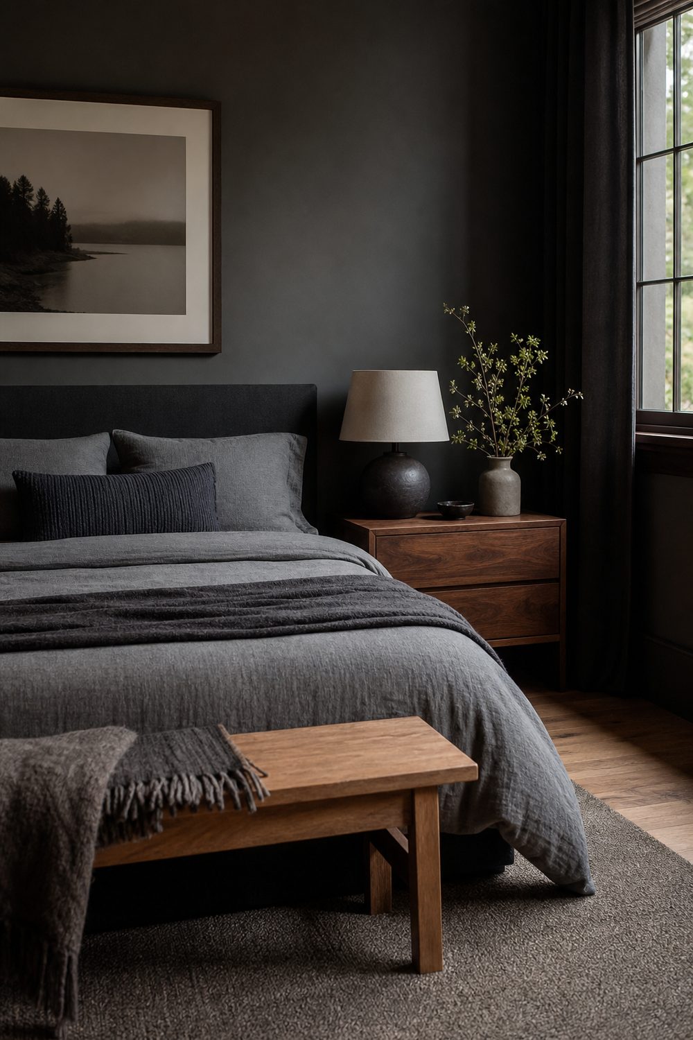 Walnut nightstand and wood bench against charcoal walls in a black and grey bedroom, warm natural grain softening dark palette