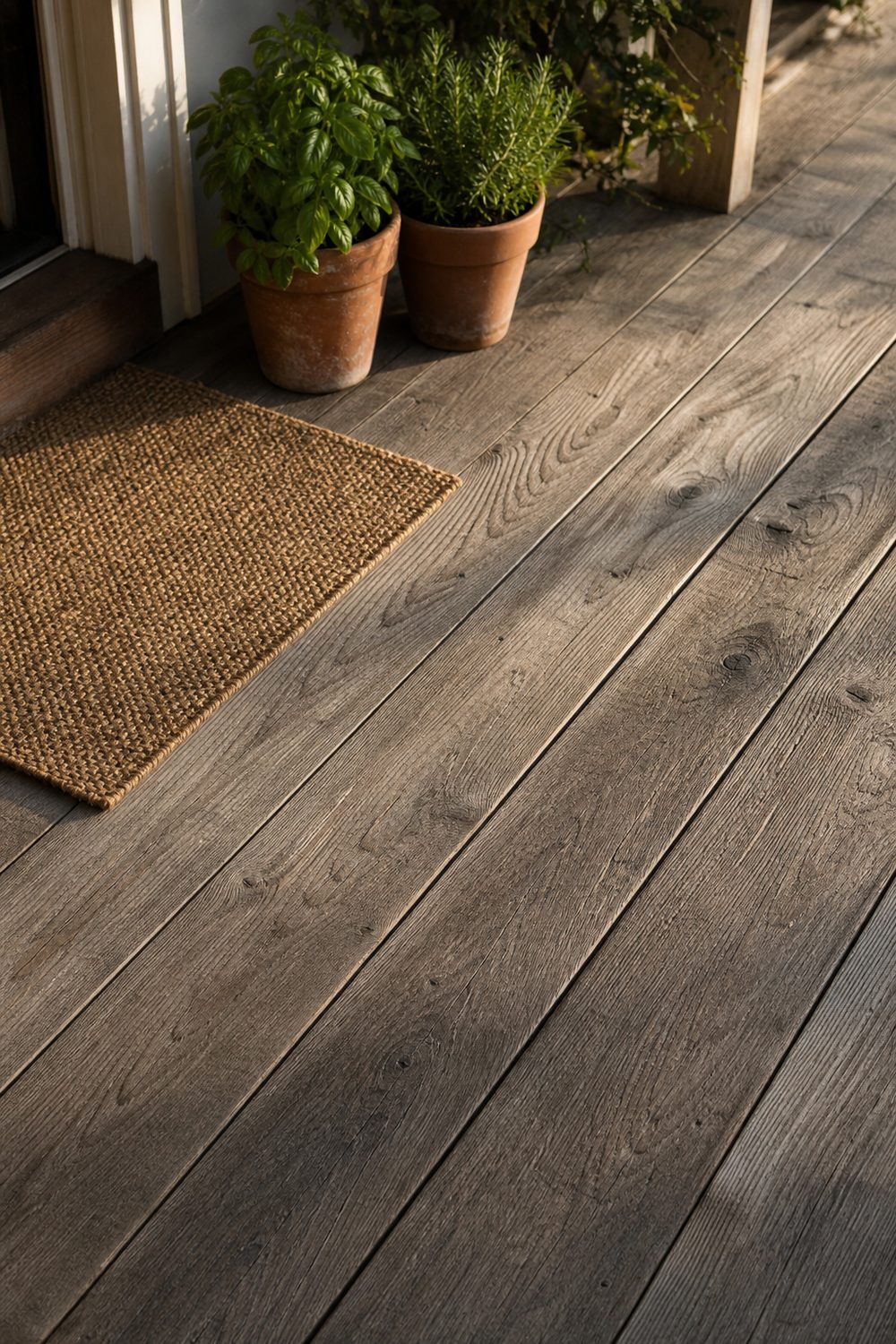 Wide weathered wood plank deck flooring in a gray-brown driftwood stain with visible grain and potted herbs