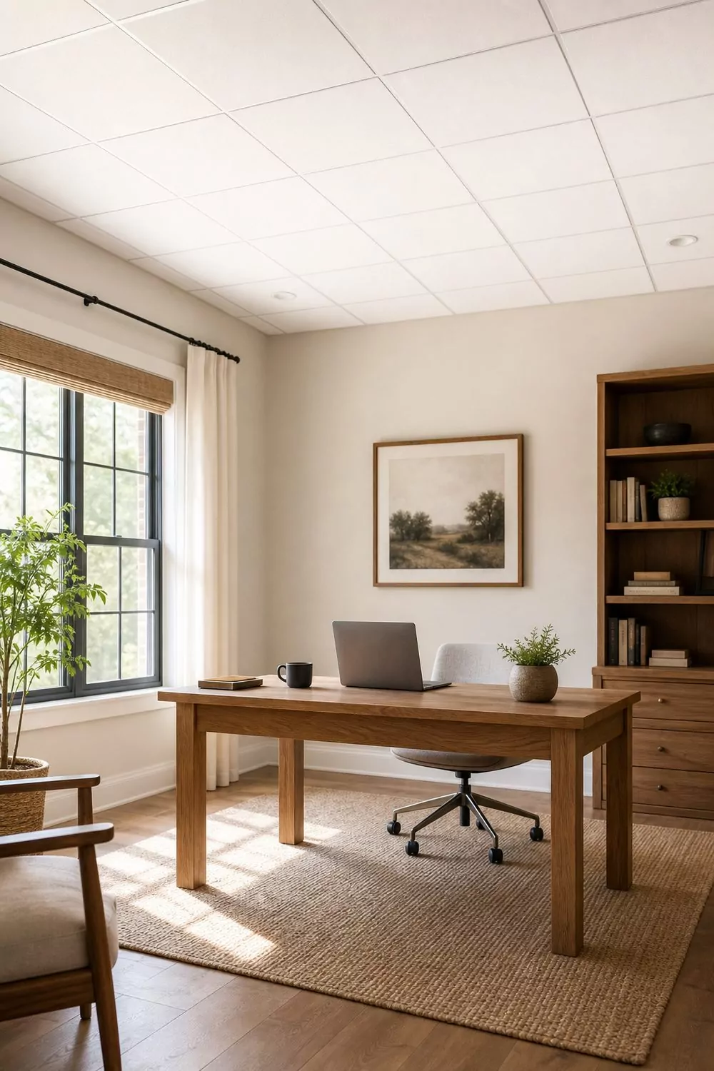 Serene small home office with a soft white drop ceiling, light oak desk, woven rug, and bright airy morning light