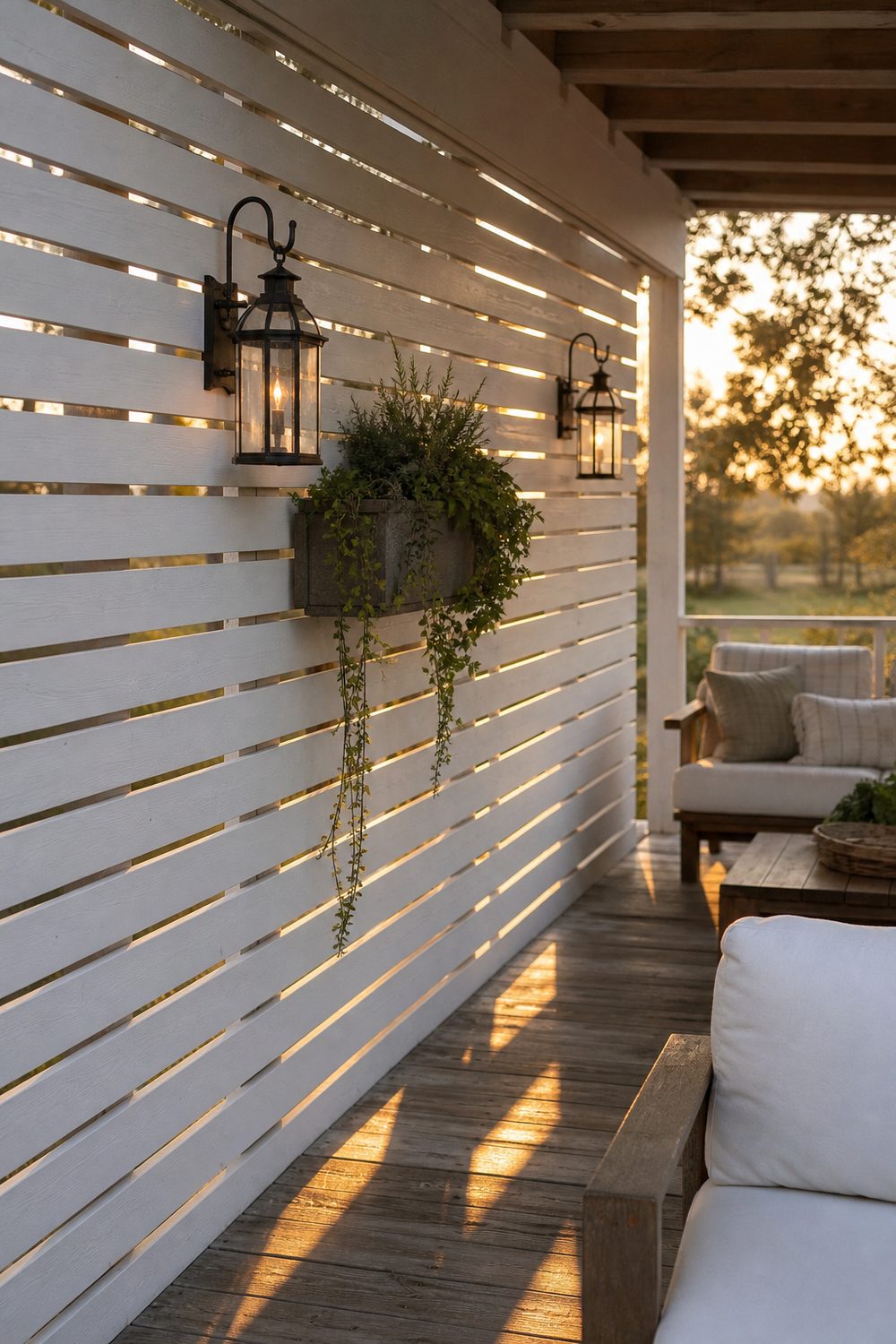 White horizontal slat privacy screen along a farmhouse deck side with lanterns and a planter