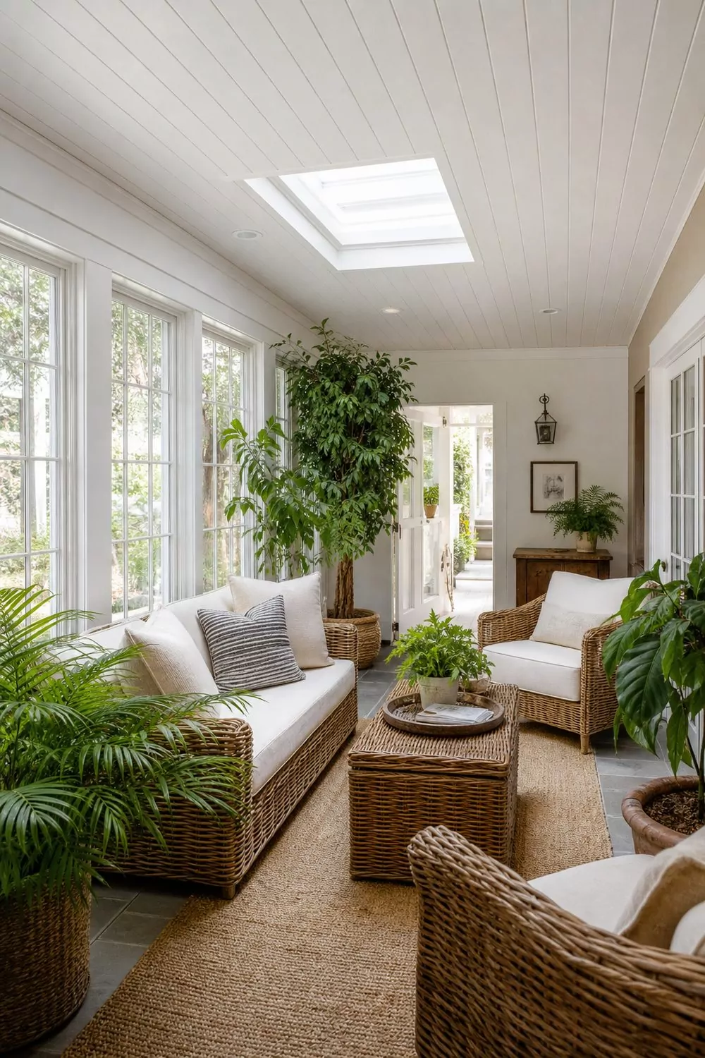 Sunroom with white tongue and groove ceiling, narrow painted planks, rattan seating and plants, bright midday diffused light