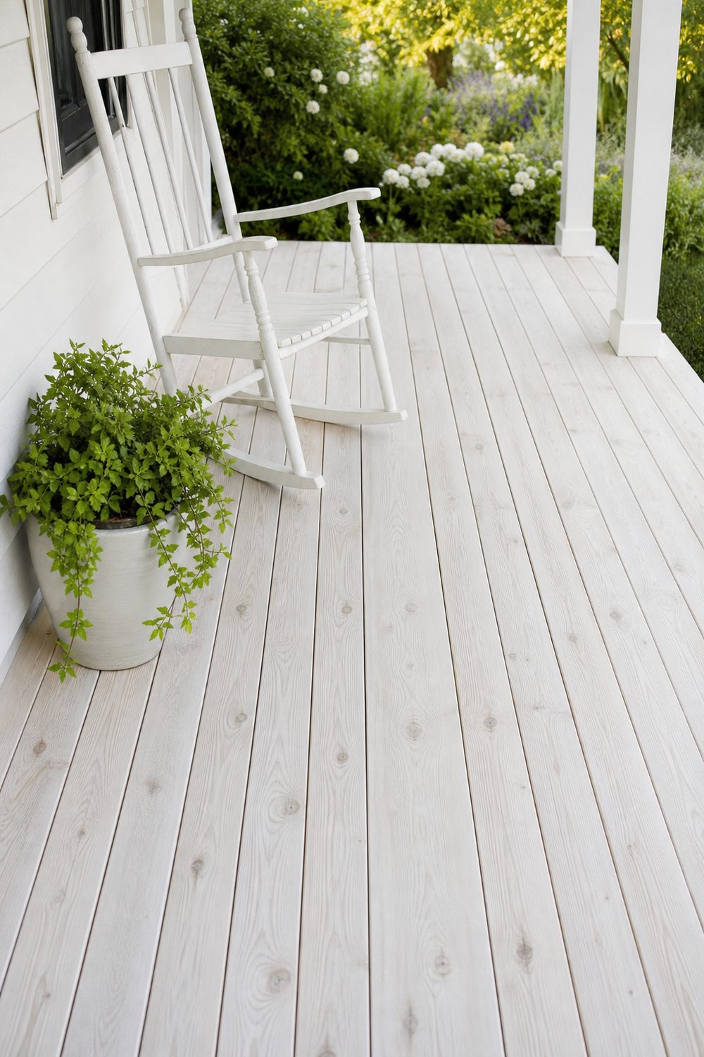 Farmhouse deck finished in a soft whitewashed translucent stain with visible grain