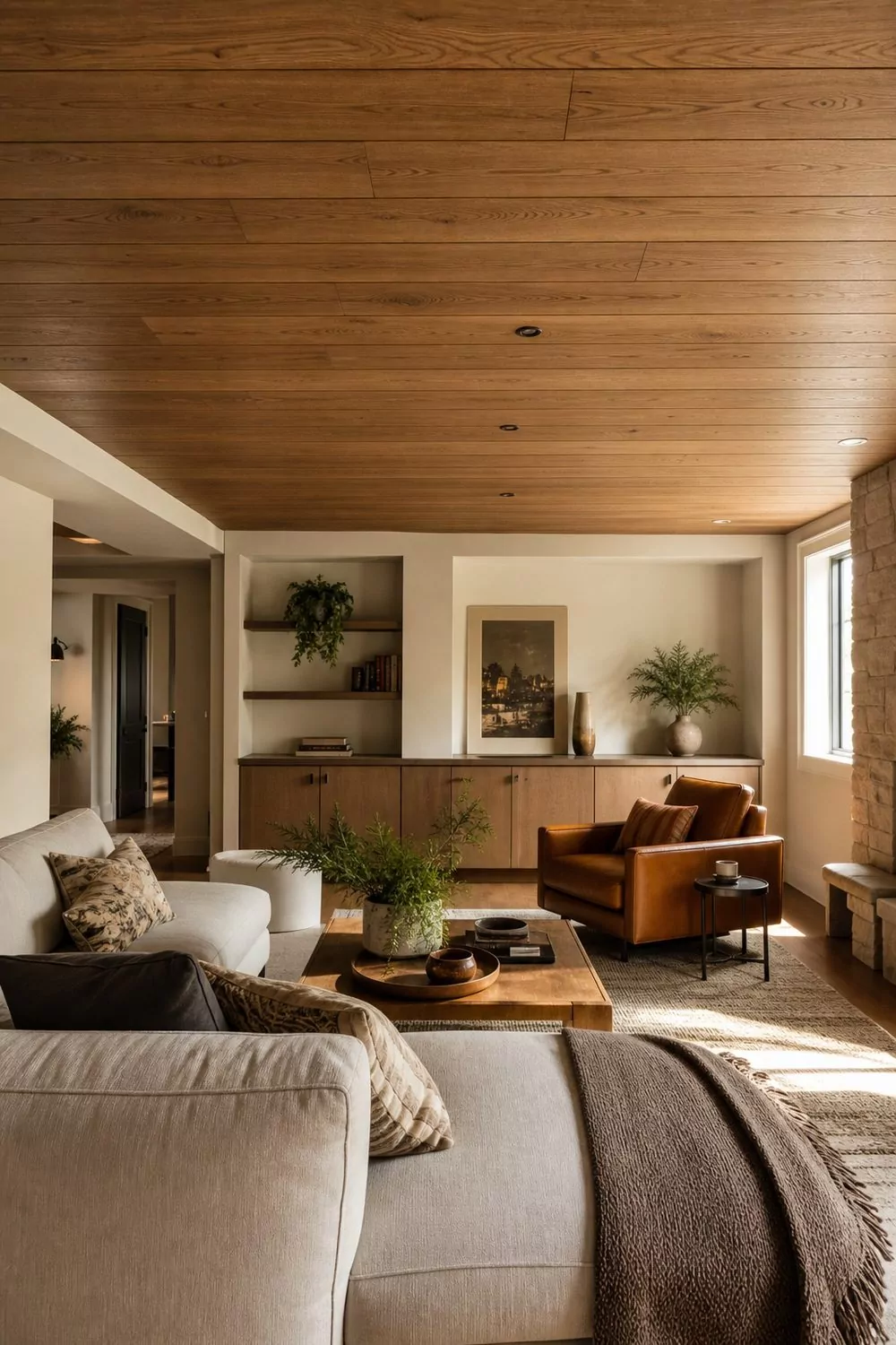 Warm finished basement den with medium oak wood plank drop ceiling panels running the length of the room