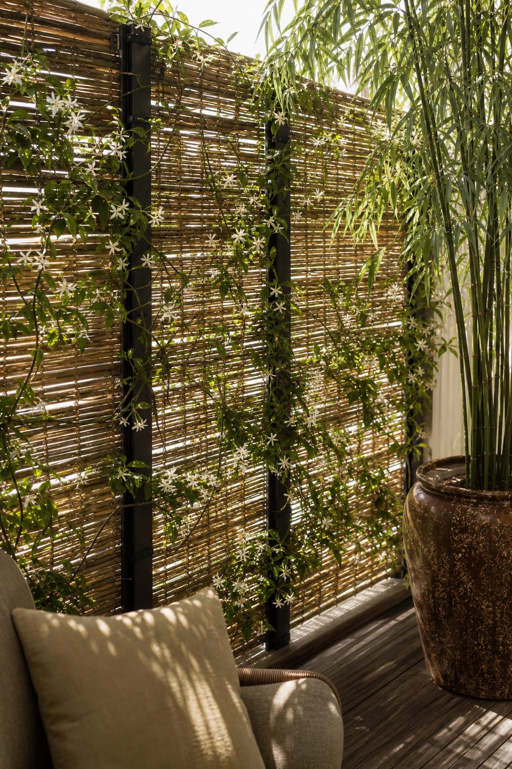 Reed woven privacy screen along a boho balcony railing with climbing jasmine vines threading through and potted bamboo