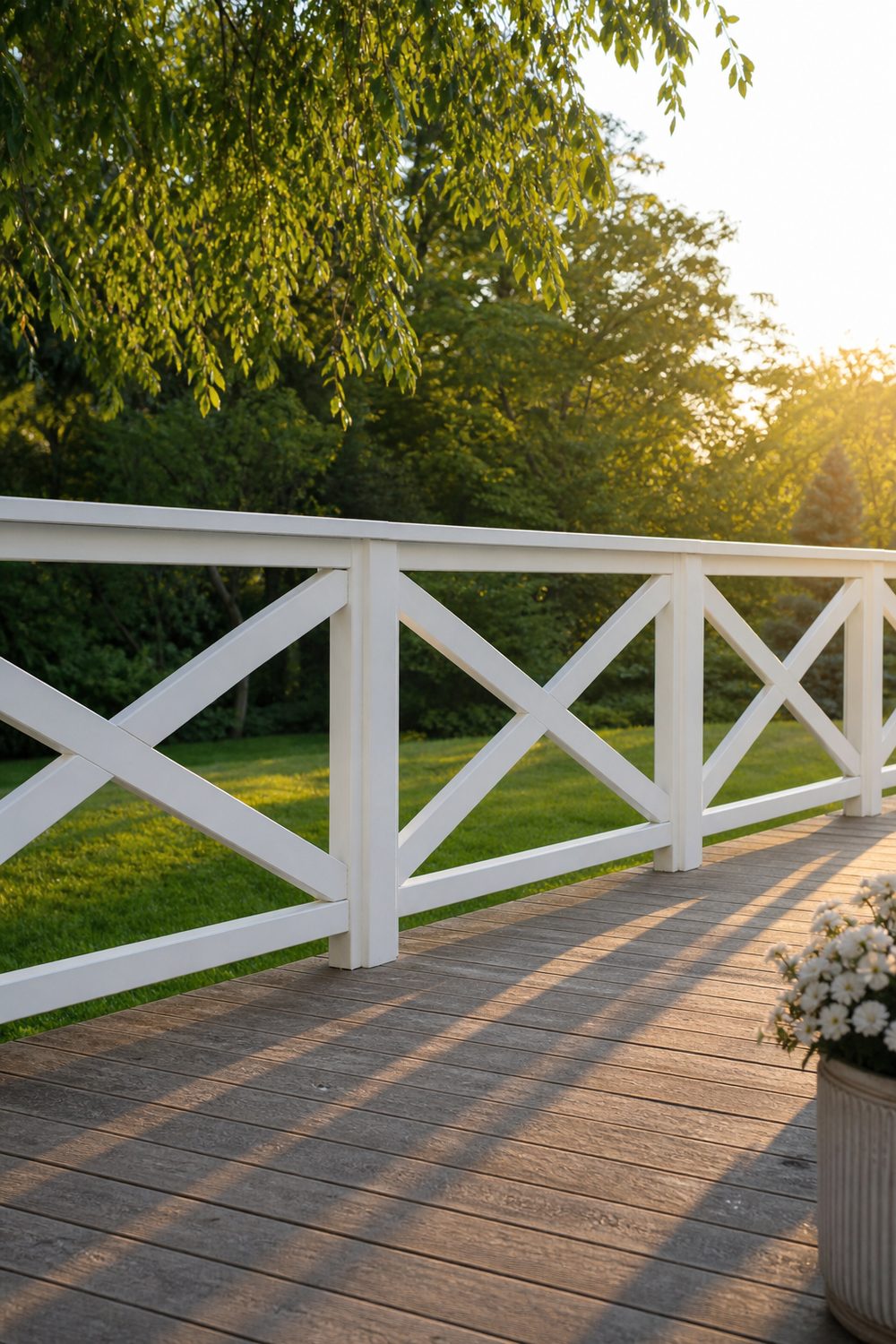 Classic white X-pattern farmhouse deck railing along a deck edge at golden hour