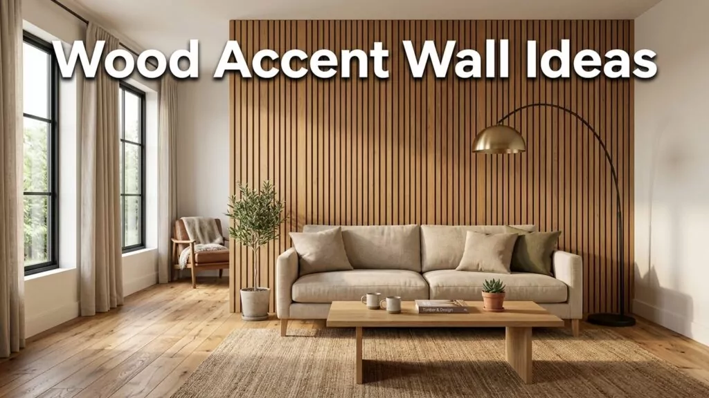 Modern living room with a full-height vertical white oak wood slat accent wall behind a low linen sofa in warm golden hour light