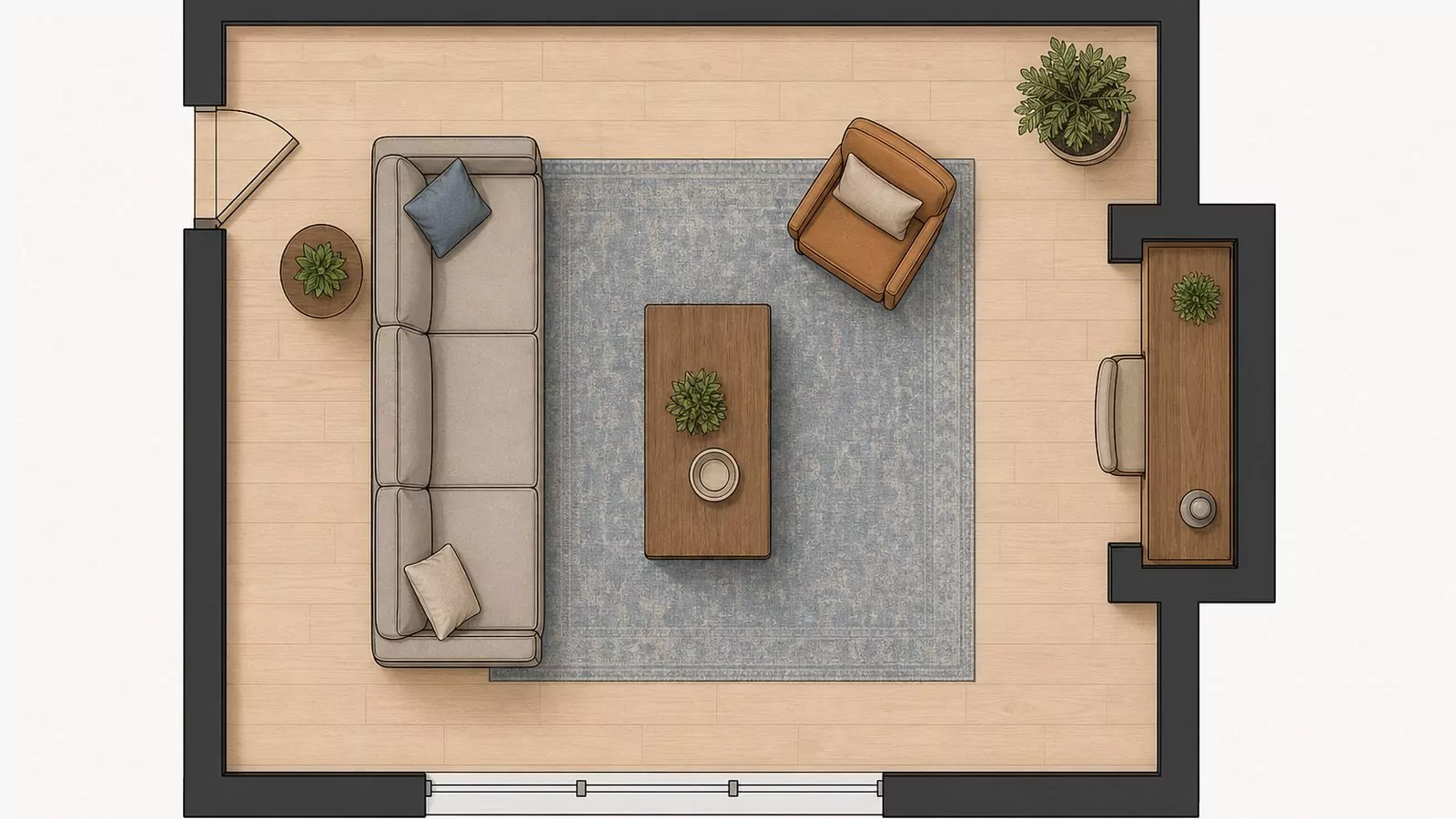 Top-down floor plan diagram with a wall alcove fitted as a compact desk nook beside the main seating