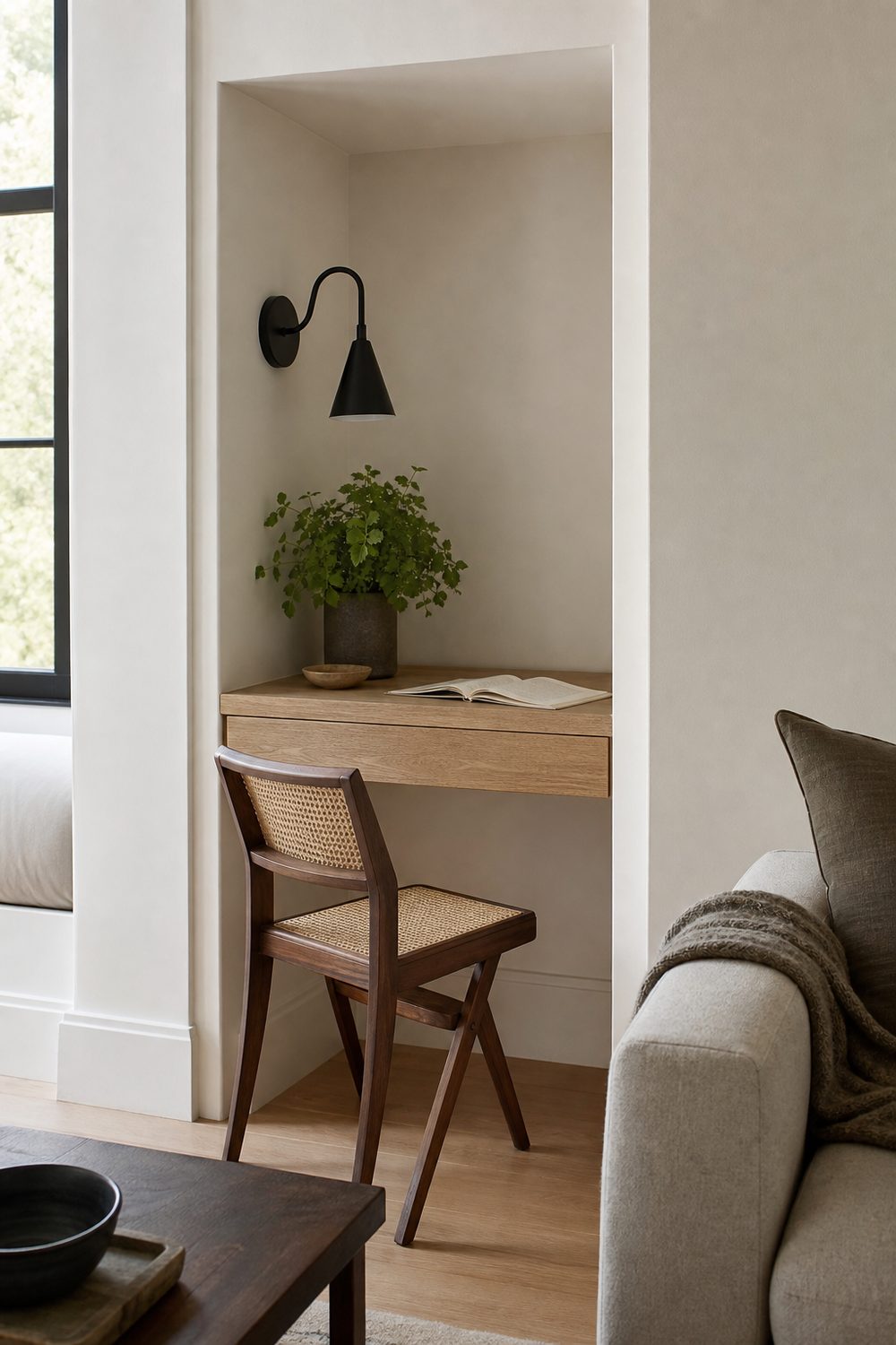 Awkward alcove turned into a compact desk nook with a shallow desk, wall sconce, and slim chair in a living room