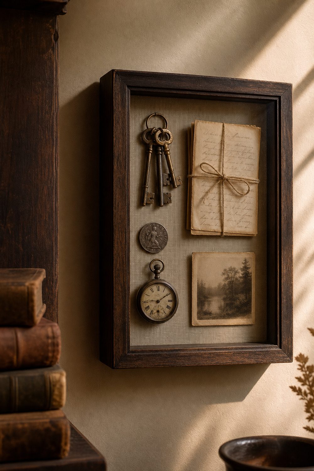 Antique keepsake shadow box with brass keys, handwritten letters, a coin and pocket watch on flax linen in a walnut frame