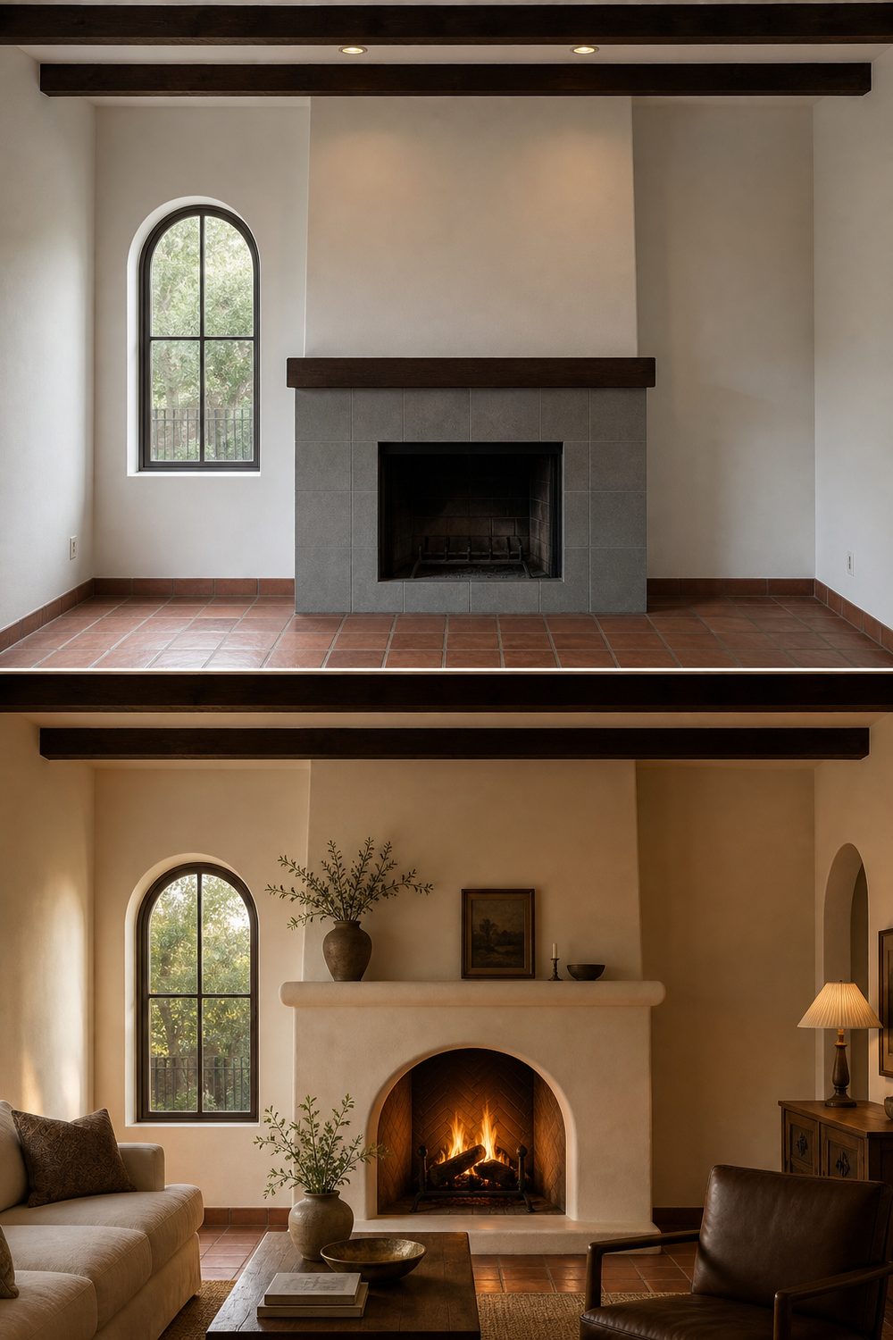 Before and after of an arched fireplace surround makeover in warm hand finished plaster